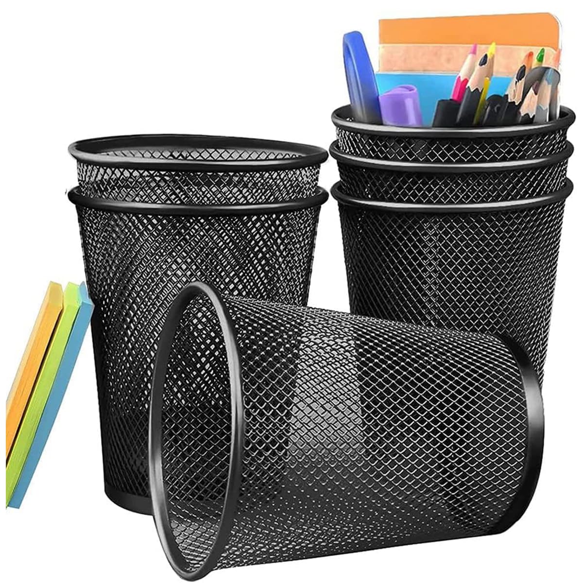 Answaily Pen Holder 6 Pack, Mesh Desk Organizer Pen Pot Pencil Holders, Stationary Supplies Pencil Pots For Office, Home, Classroom (Black 6pcs)