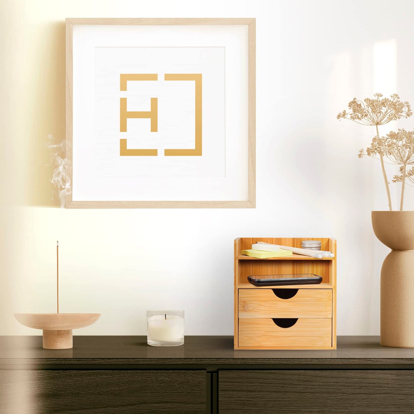 - woodluv Desktop Organiser With 2 Drawers, Mini Shelf Storage Box