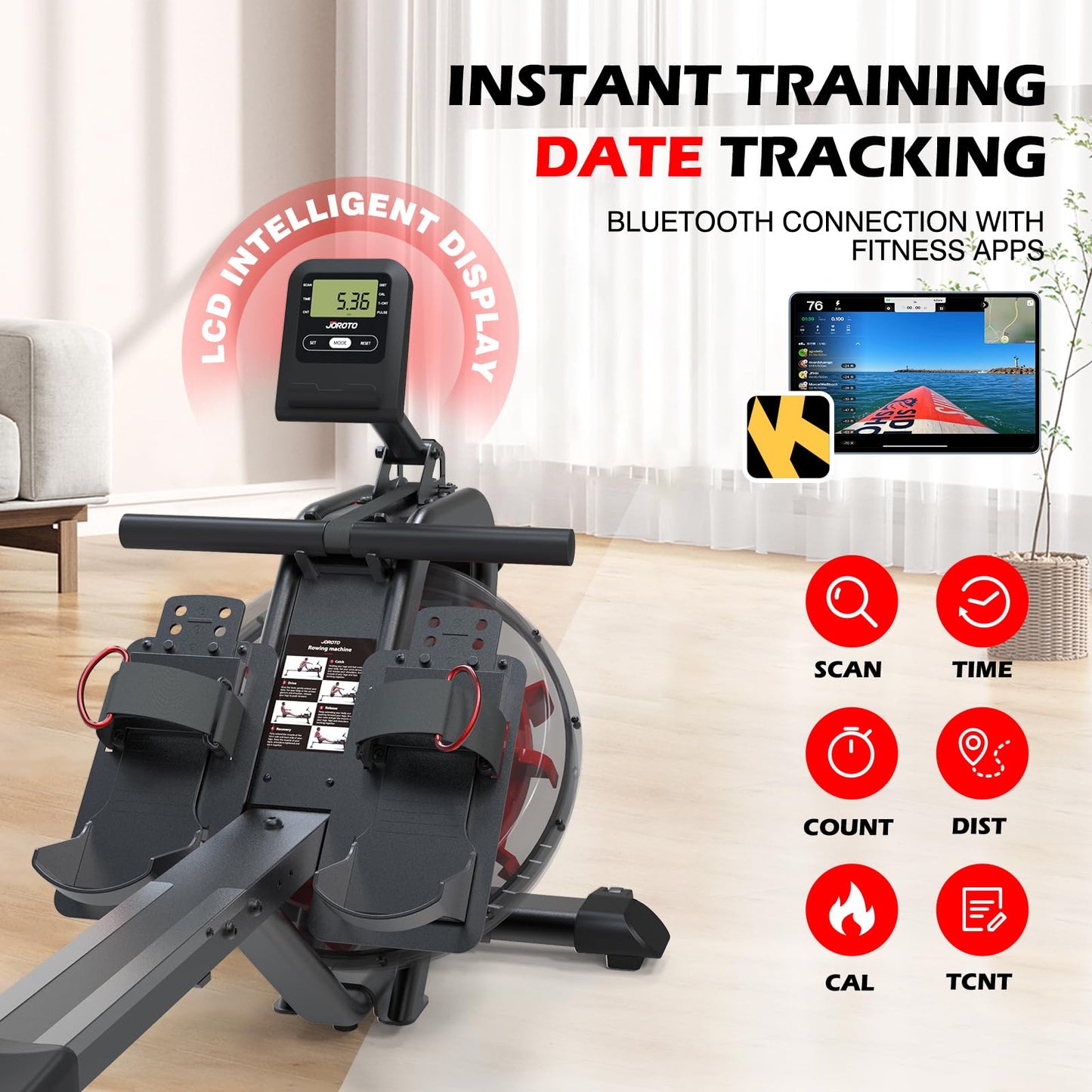 - JOROTO Water Rowing Machine For Home Gym | 150KG Weight Capacity With Bluetooth Connection -