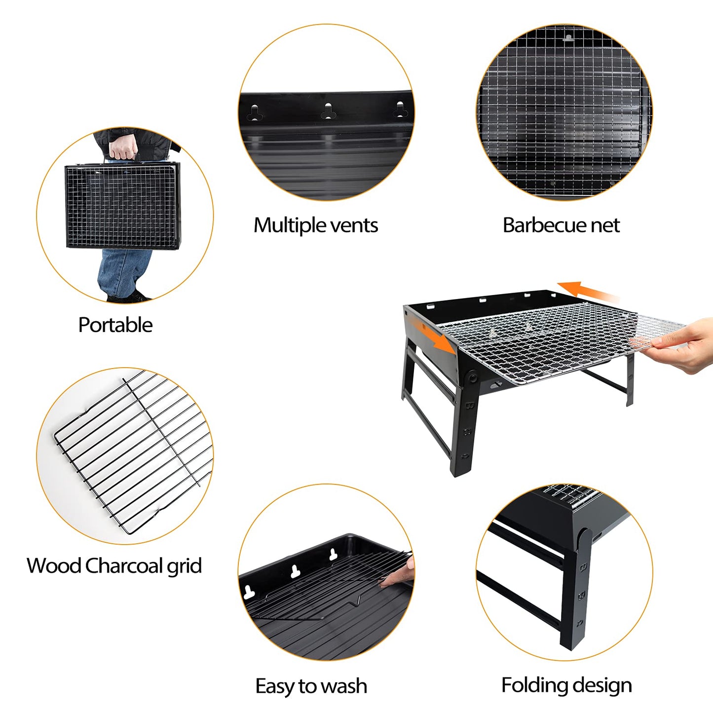 BBQ Barbecue Grill, Portable Foldable Charcoal Grill for Outdoor, Stainless Steel BBQ Tabletop Smoker for Picnic, Garden, Terrace, Camping, Travel, Hiking