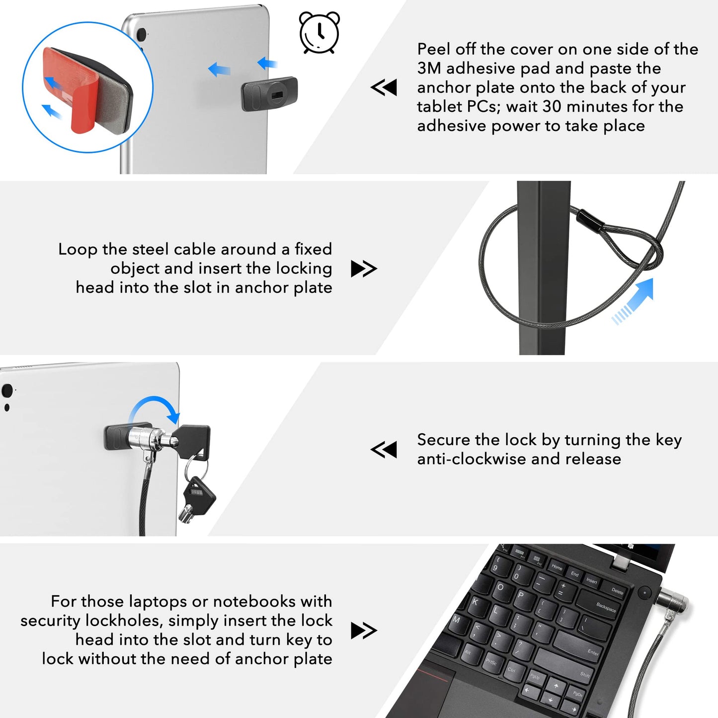 AboveTEK Laptop Lock, Tablet Lock Security Cable, 2 Keys Durable Steel iPad Locking Kit w/Adhesive Anchors, Anti Theft Hardware Protection for iPhone Mobile Notebook Computer Monitor Mac Book Laptop