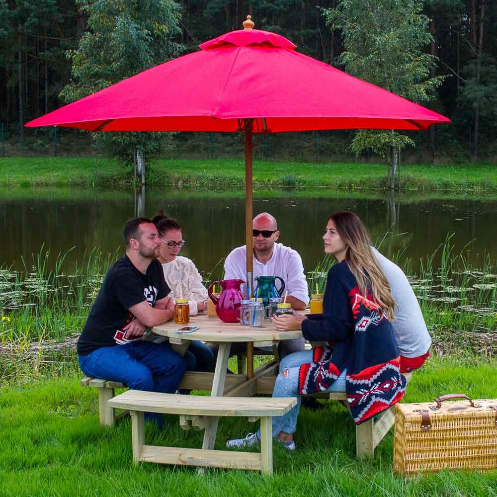 BrackenStyle Wooden Round Table with Bench and Parasol Hole - 1 Piece Furniture Outdoor Dining for Picnic, Garden, Patio, 8 People Seater with 1.8M Diameter (Green Pine)