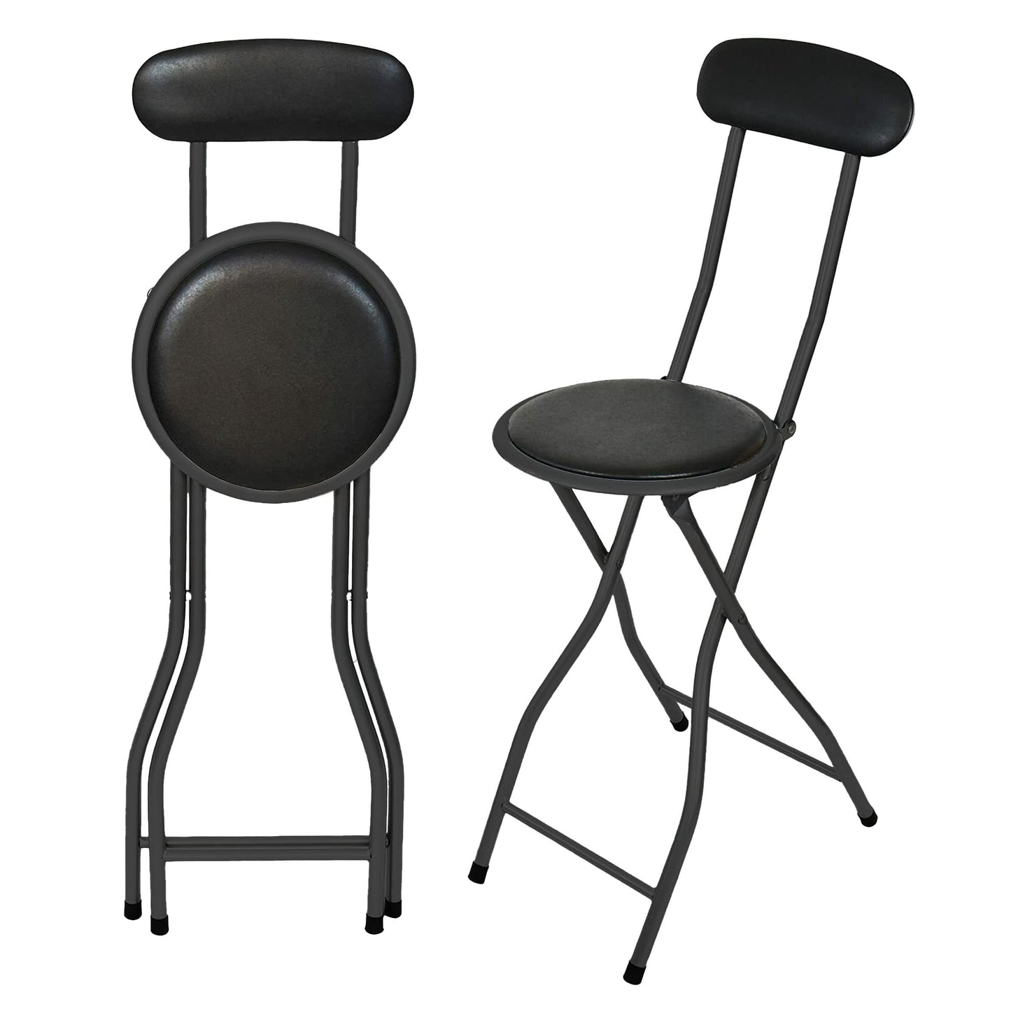 - Round Compact Padded Folding High Back Stool Chair | Office Stool | Kitchen Stool | Desk Stool | Black -