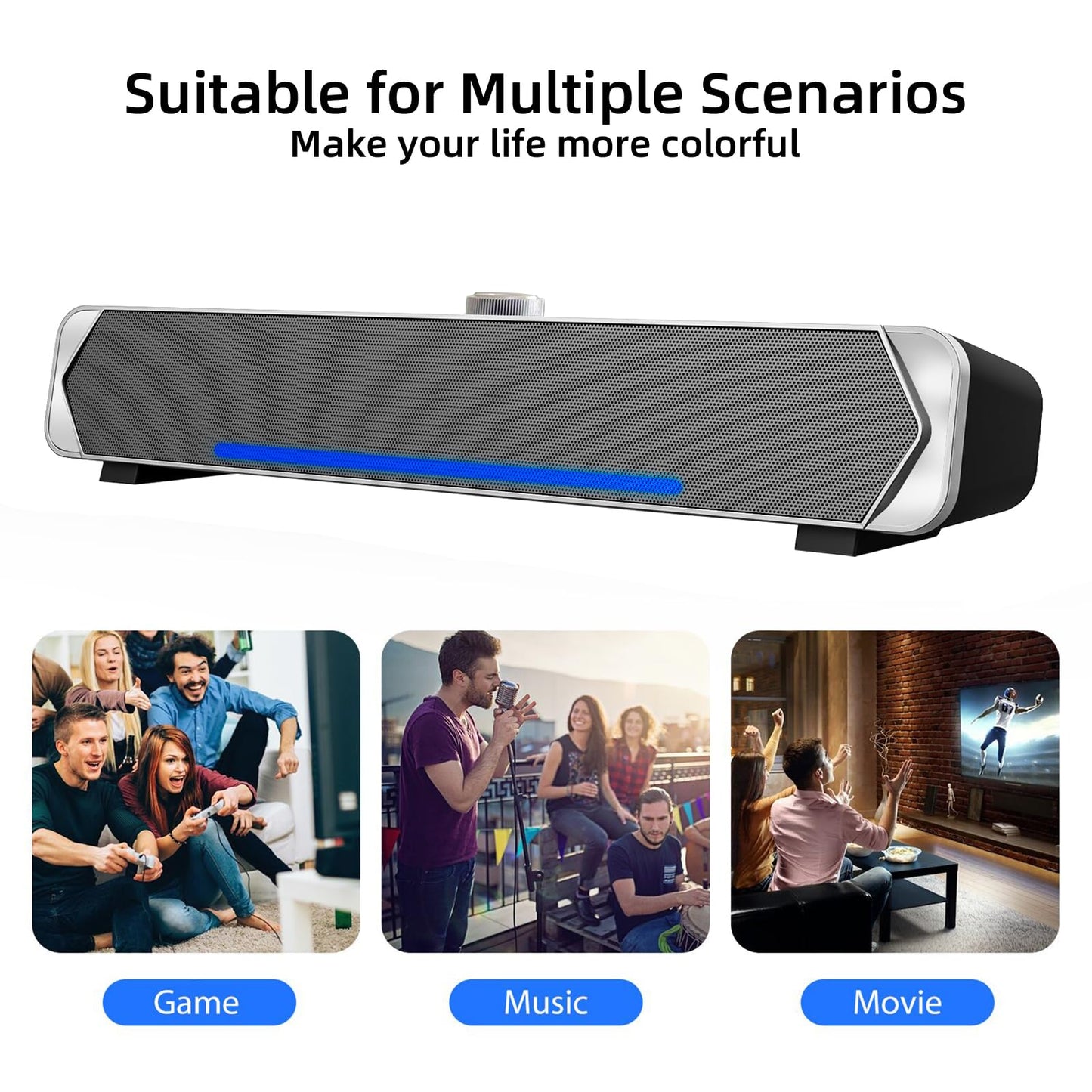 Computer PC Speakers, Bluetooth 5.3 Computer Soundbar for Desktop Monitor Speakers, Wired USB Powered PC Sound bar with LED, Superb Stereo Sound for Desktops, Laptops, Tablets, Smartphones-Silver