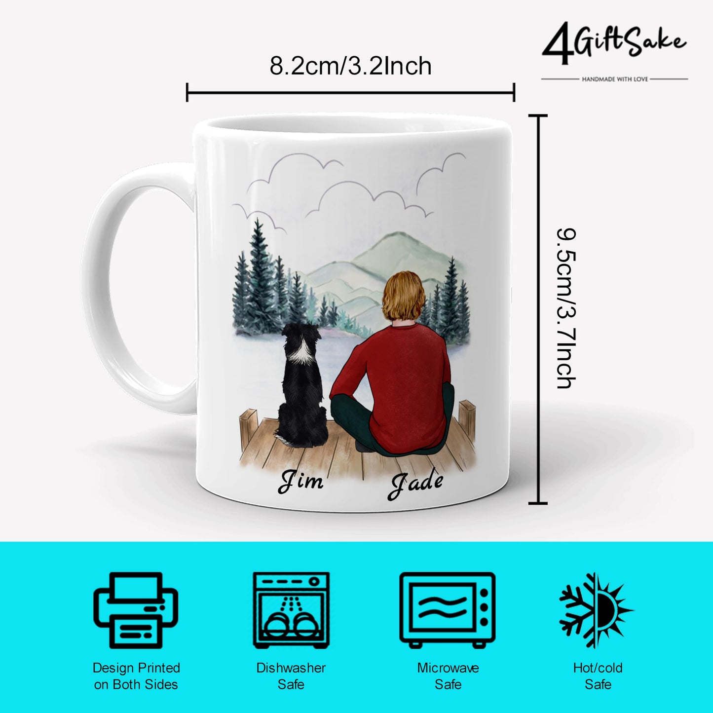 4GIFTSAKE Customised Boy Dog Coffee Mug - Ceramic Cup with Personalised Design for Dog Dad - Custom Names, Attire and Scenery - Unique Gift for Pet Lovers