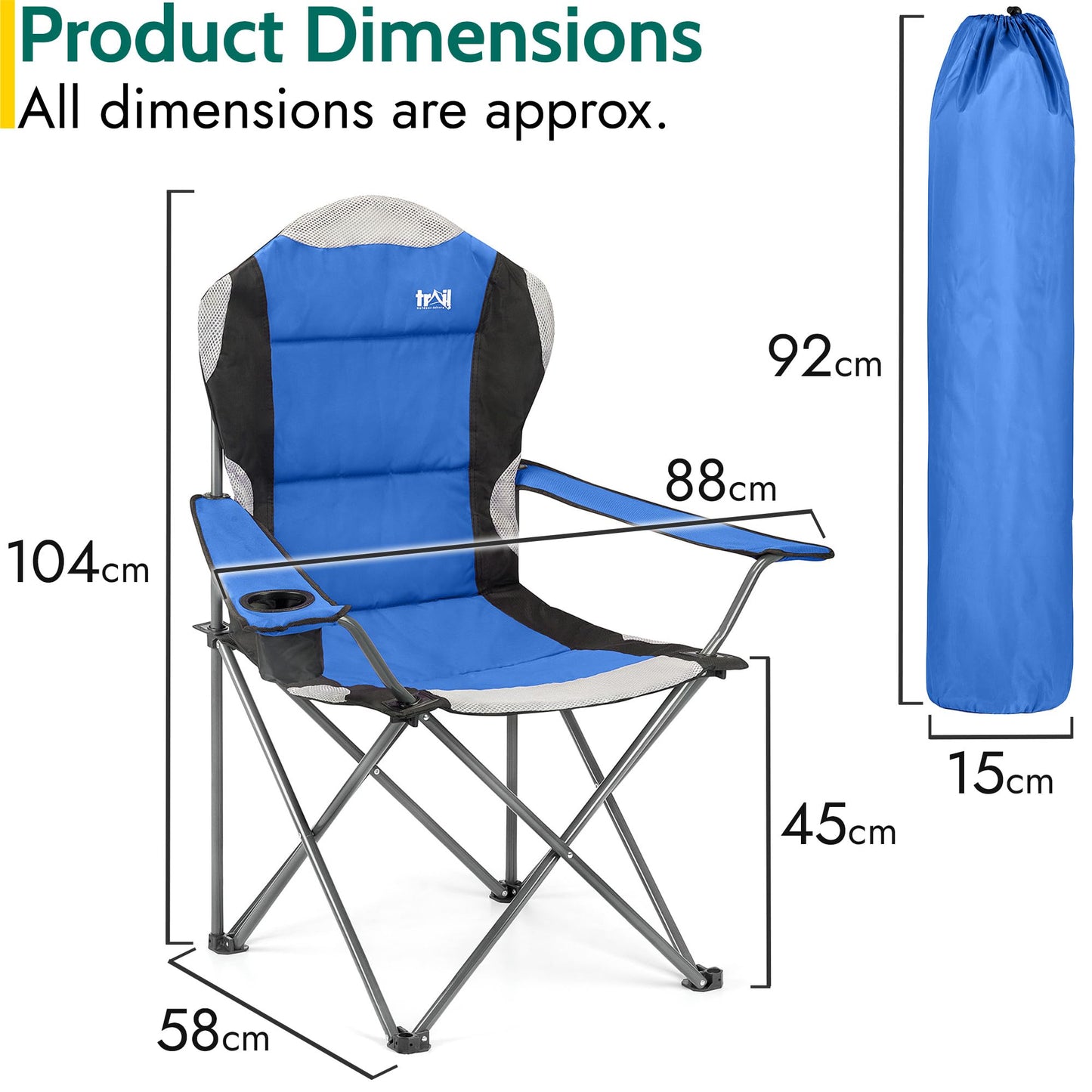 - Trail High Back Folding Camping Chair | Luxury Padded Seat | Heavy Duty Tubular Steel -