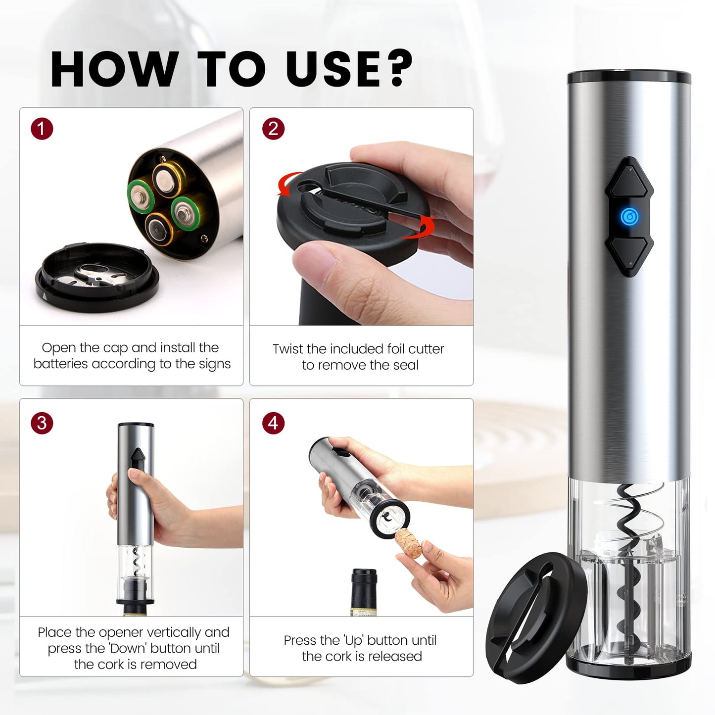 CIRCLE JOY Electric Wine Opener Battery Operated Wine Bottle Openers Stainless Steel Corkscrew with Foil Cutter, Silver
