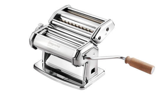 - Imperia Italian Double Cutter Pasta Machine | Homemade Pasta Maker with Detachable Wooden Handle | Adjustable Dial with Six Thickness Settings -
