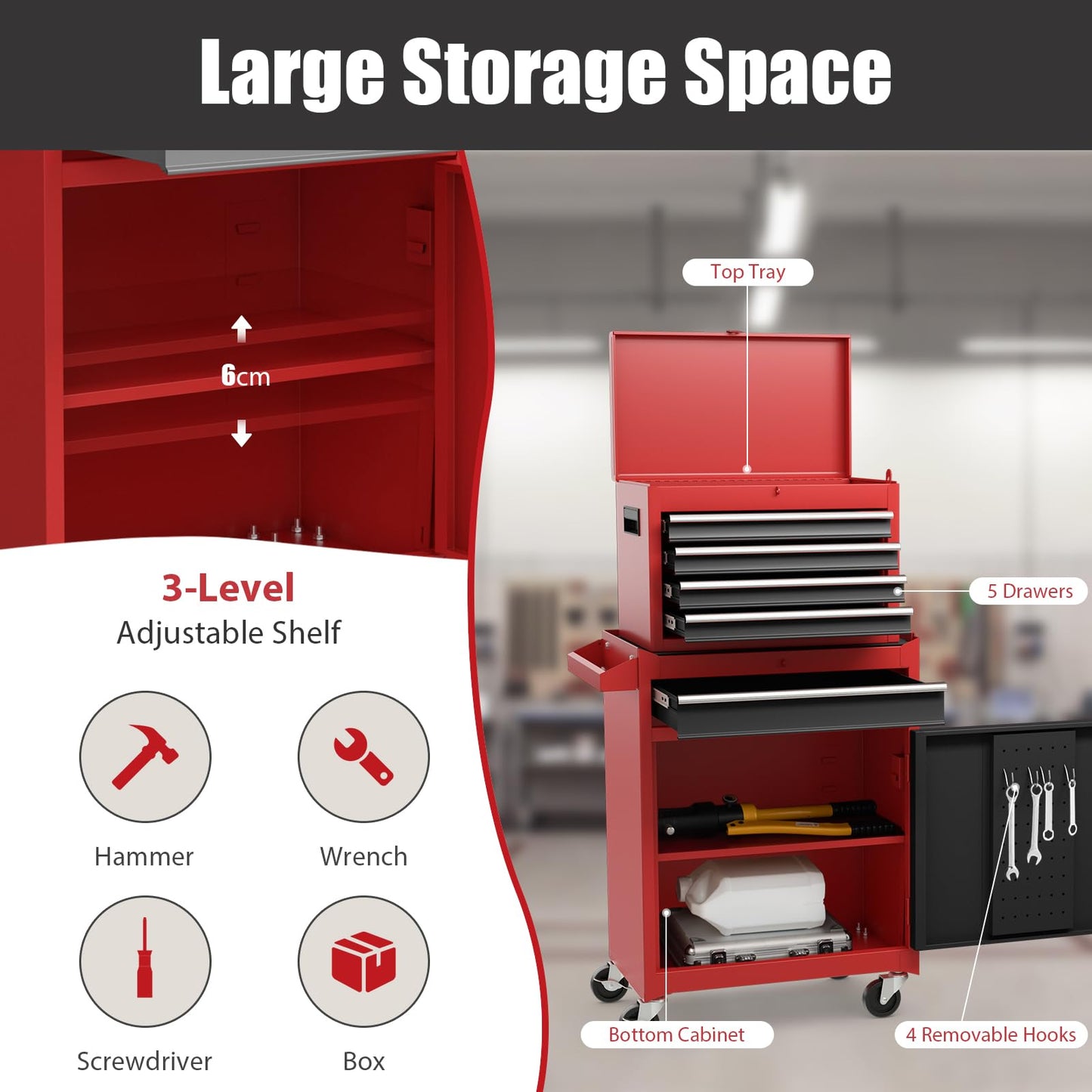 COSTWAY Large Rolling Tool Cabinet, 2-in-1 Detachable Metal Tool Chest with Drawers, Wheel, Handle, Hooks & Pegboard, Lockable Tool Box Trolley for Garage Workshop (with Adjustable Shelf, Red+Black)