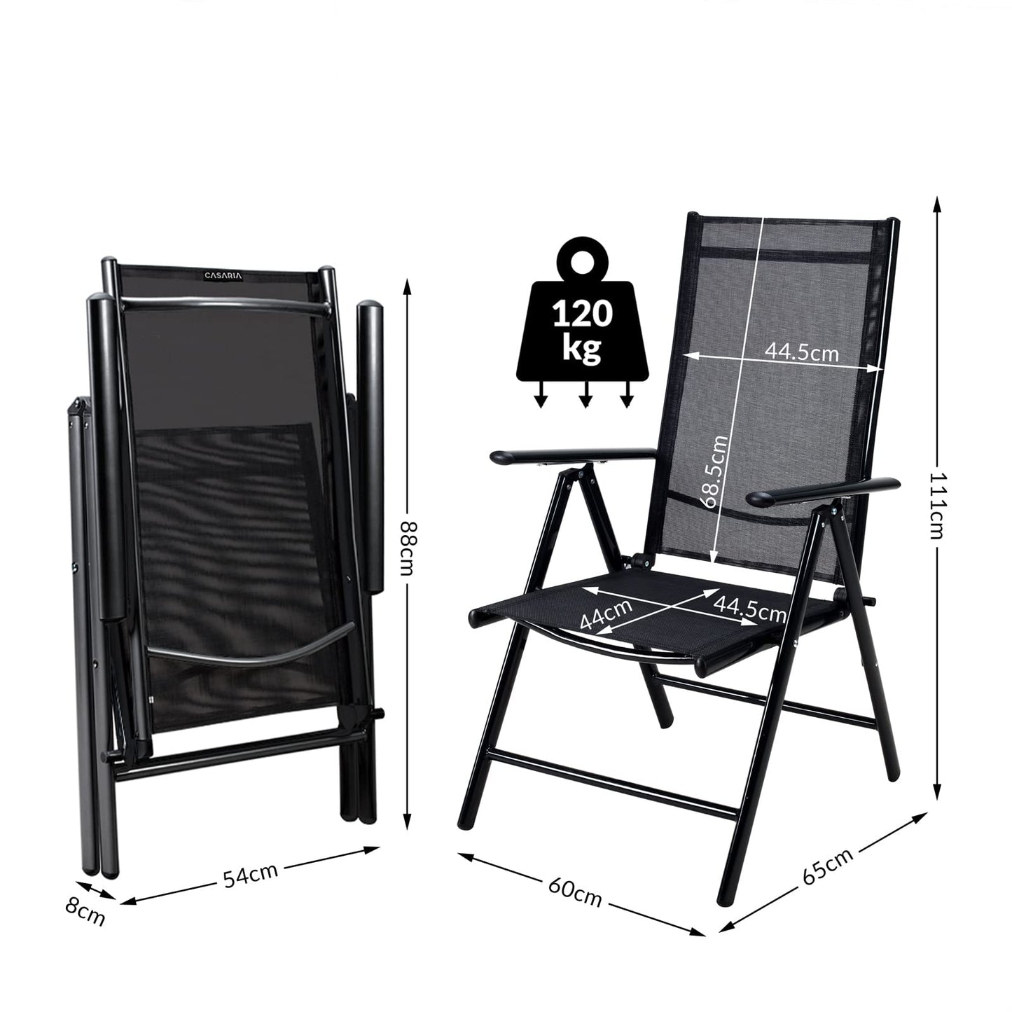 CASARIA® 4x Bern High Backed Folding Aluminium Garden Chairs | Weatherproof | 8-way Adjustable Reclining Backrest with Armrests | Lightweight 120 kg Load Capacity | Patio | Anthracite