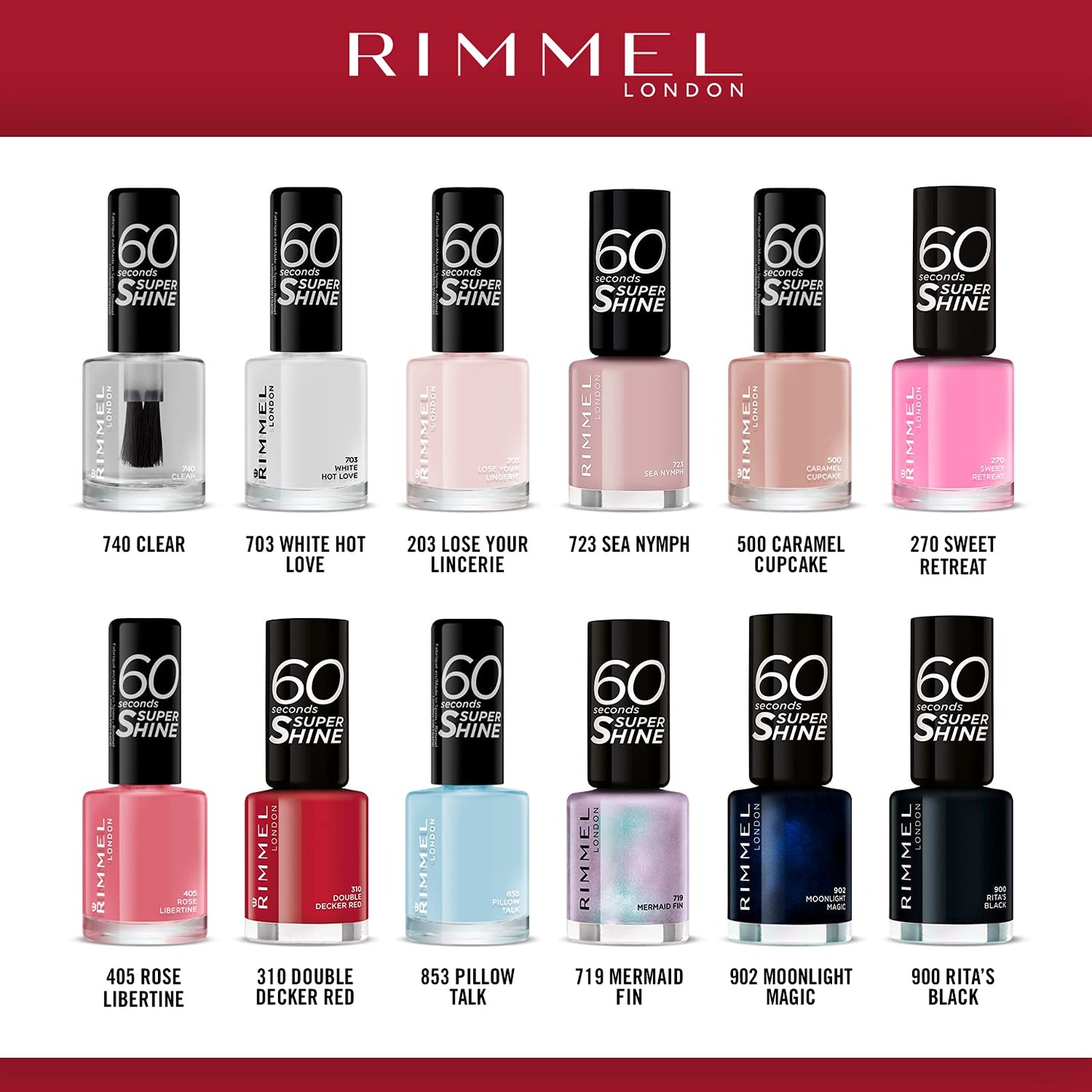 - RIMMEL LONDON | 60 Seconds Super Shine Nail Polish Set | Precise One Stroke Application | Up To 10 Days Wear | 12 Assorted Shades -
