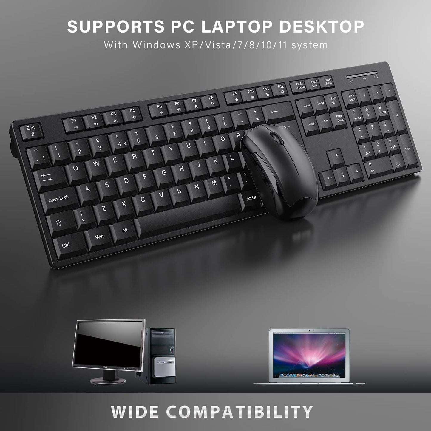 - Wireless Keyboard and Mouse Set, 2.4G Wireless Keyboard Mouse with USB Receive