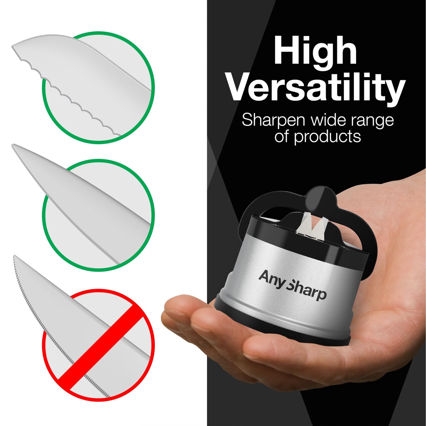 AnySharp Knife Sharpener, Hands-Free Safety, PowerGrip Suction, Safely Sharpens All Kitchen Knives, Ideal for Hardened Steel & Serrated, World's Best, Compact, One Size, Silver