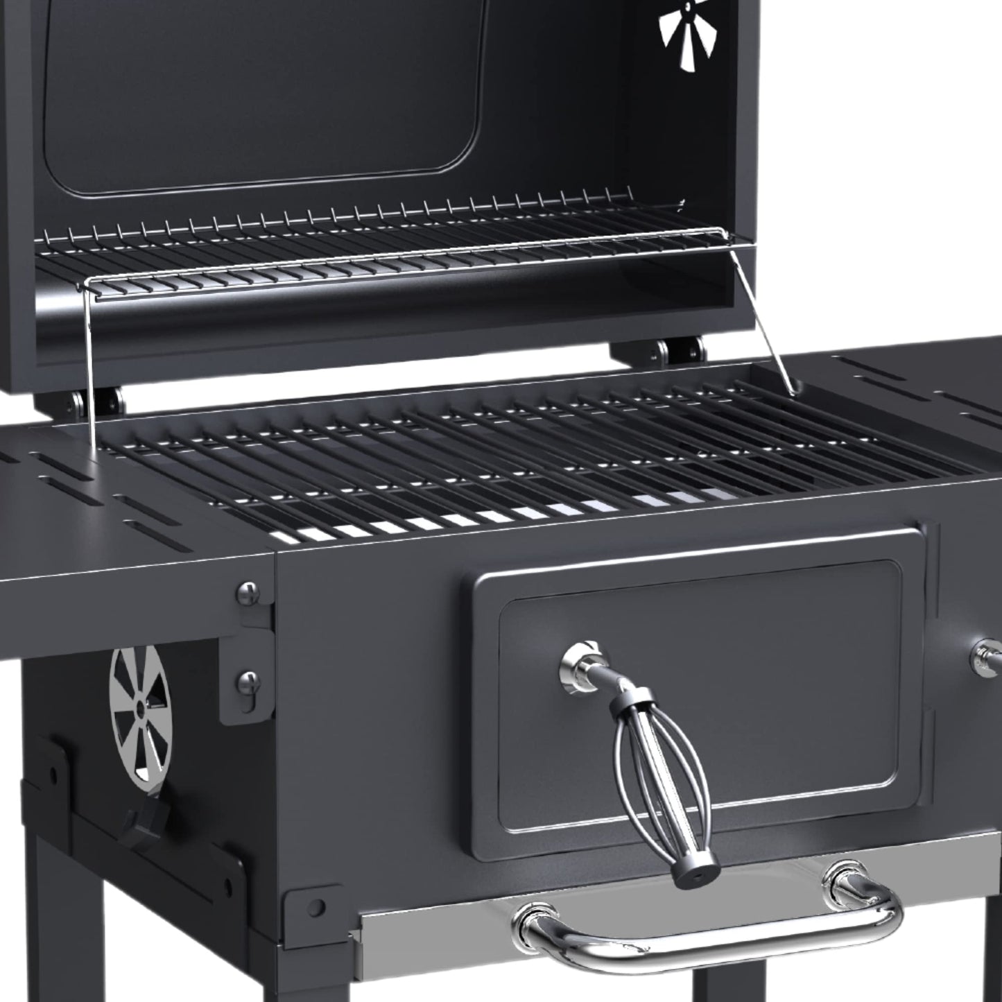 Charcoal BBQ Grill Smoker Stainless Steel with Folding Side Table Shelves, Built-In Thermometer, Wheels, Adjustable Height Outdoor Barbecue BillyOh Kentucky, Black