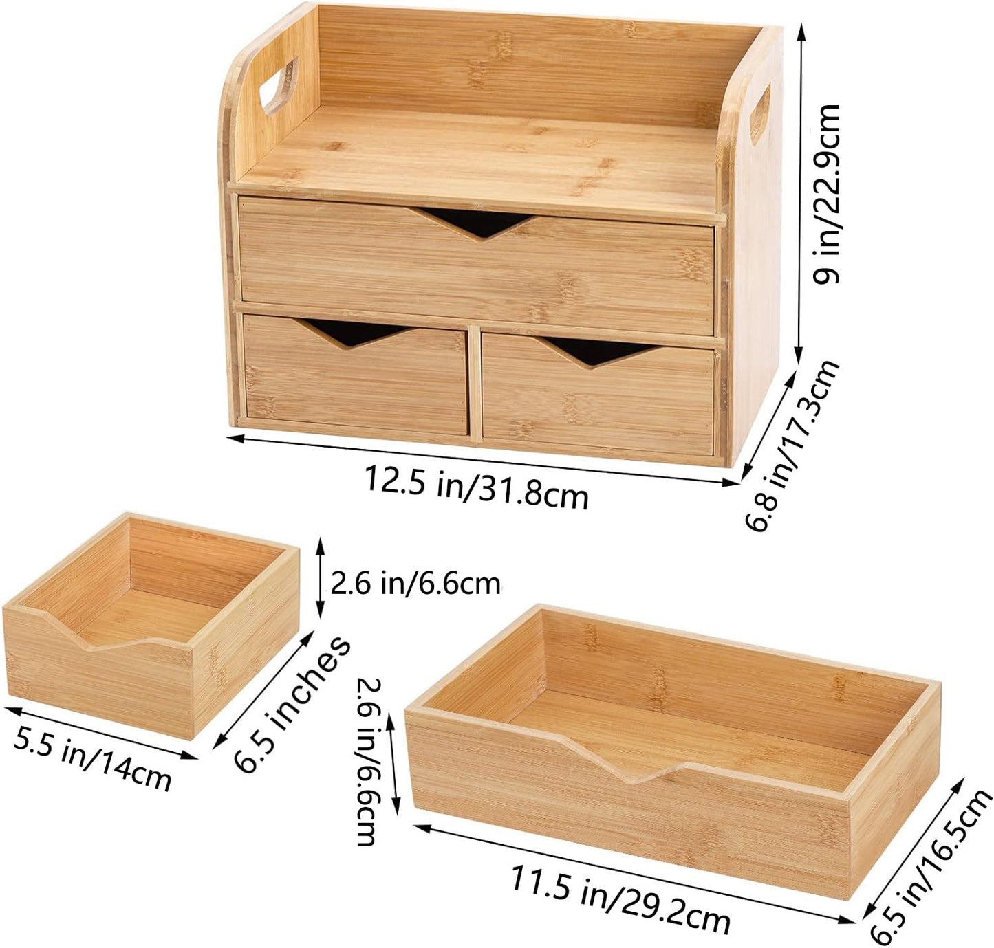 - Hacaroa 3 Tier Bamboo Desktop Organizer with 3 Drawers | Mini Tabletop Craft Box Cosmetic Storage Drawer with Handle -