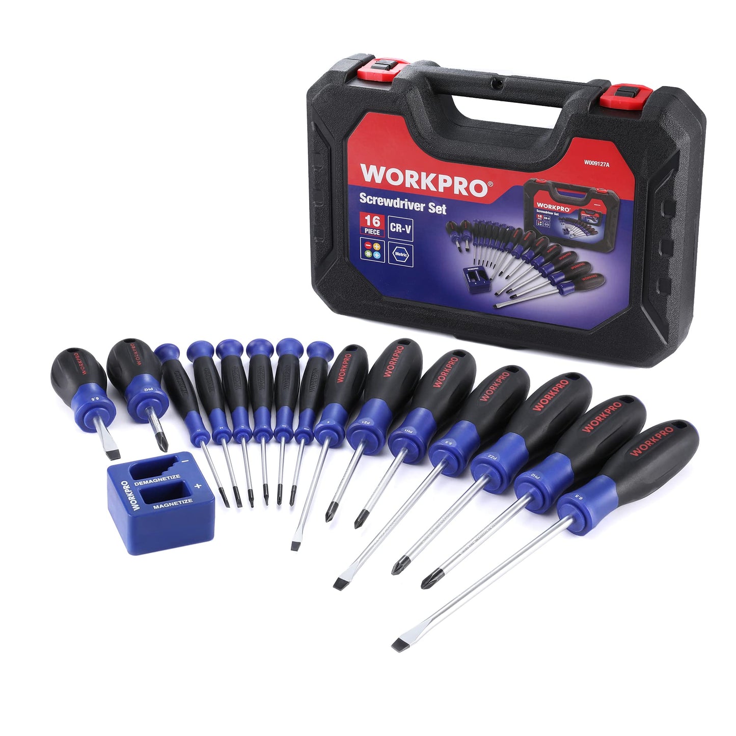 - WORKPRO Magnetic Screwdriver Set 16 Pcs with Case, Including Precision Screwdrivers, Universal Screwdriver and Magnetizer, with 4 Head Shapes(Flat/Phillips/Pozidriv/Torx)