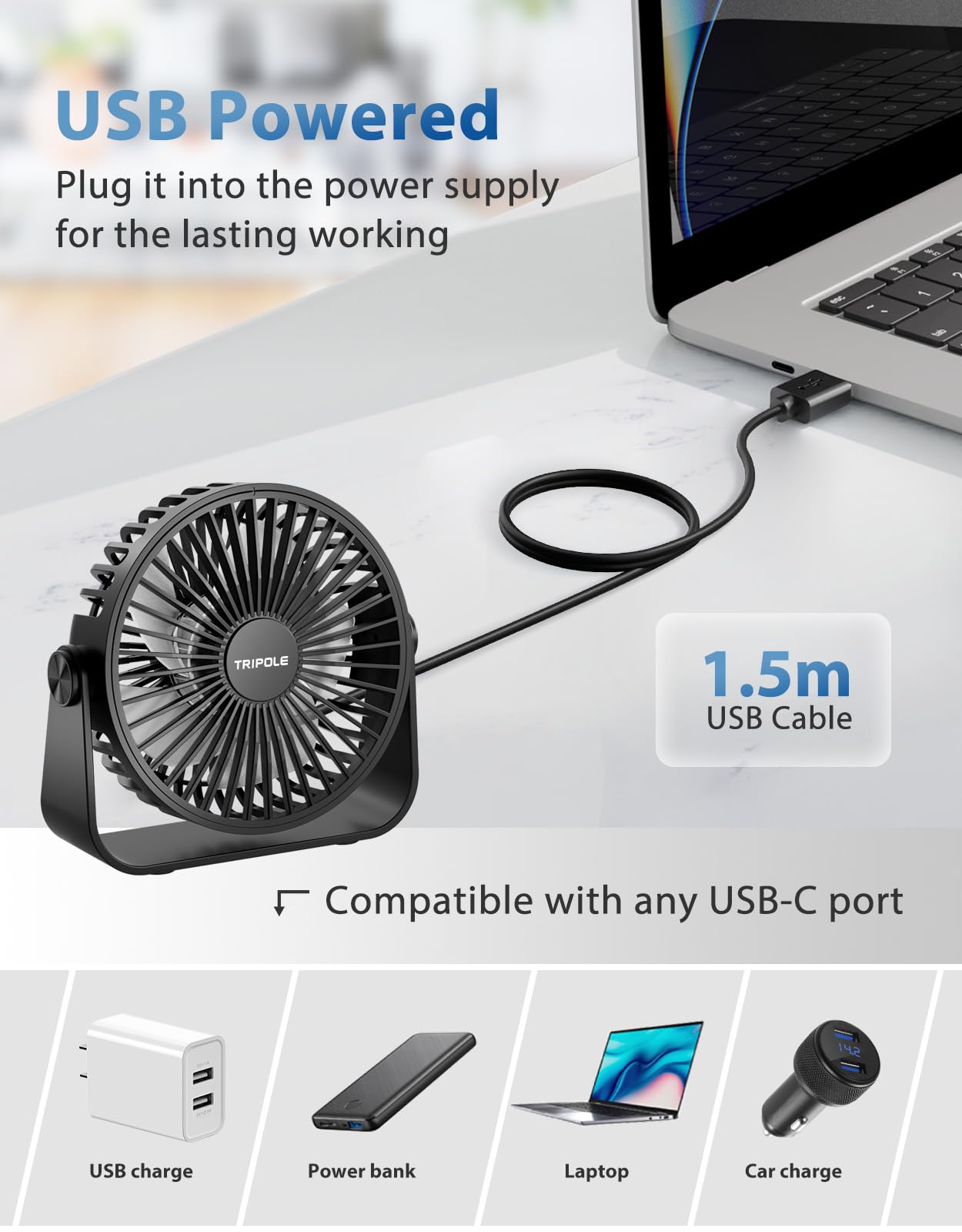- TriPole USB Desk Fan | 3 Speeds Adjustable Strong Wind Table Fan | 360°Head Rotation | Indoor or Outdoor -