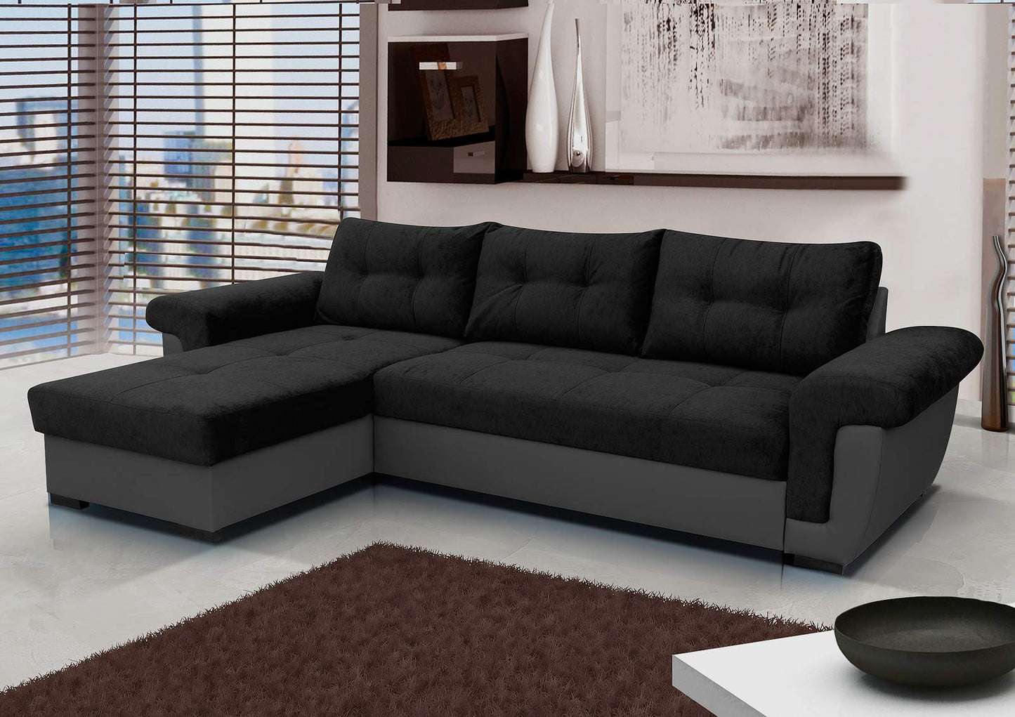 Corner Sofa bed with Storage Black Fabric Grey Leather