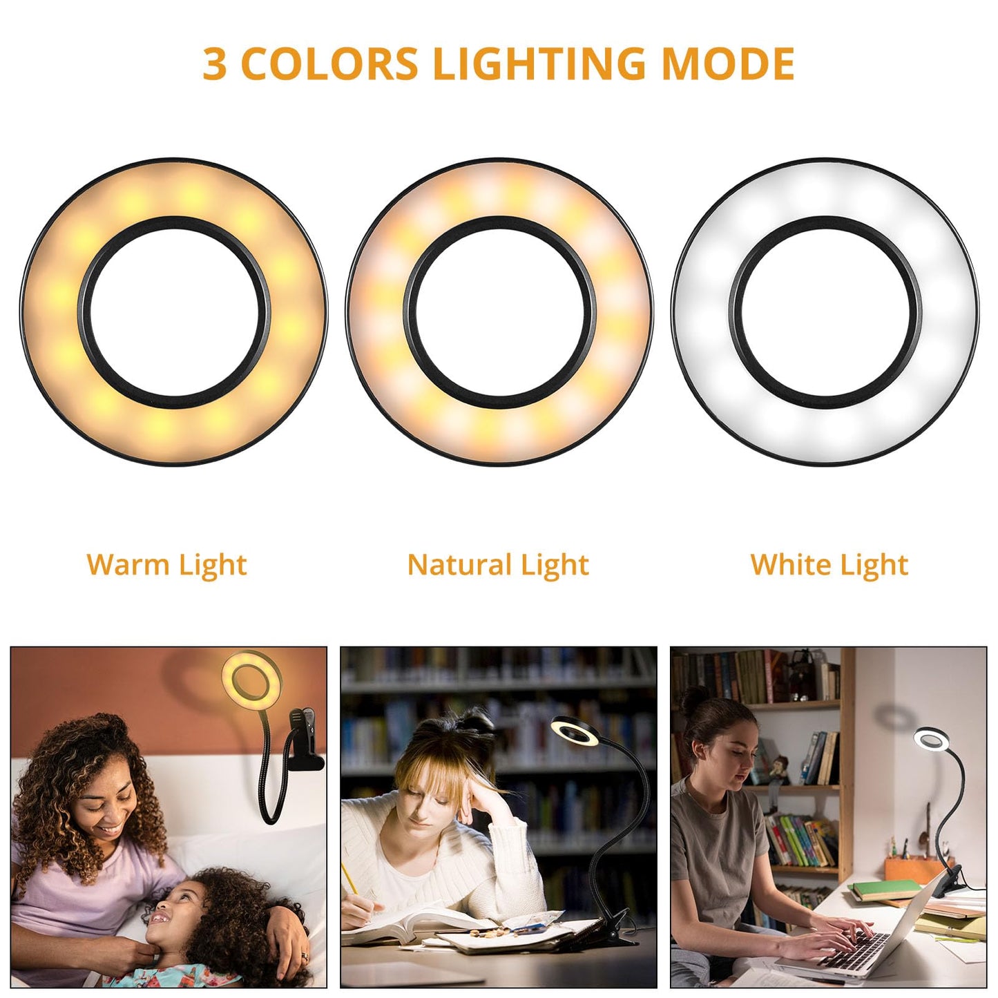 - Woputne Desk Lamp Clip Light, 10 Dimmable Brightness 3 Light Modes Reading Light