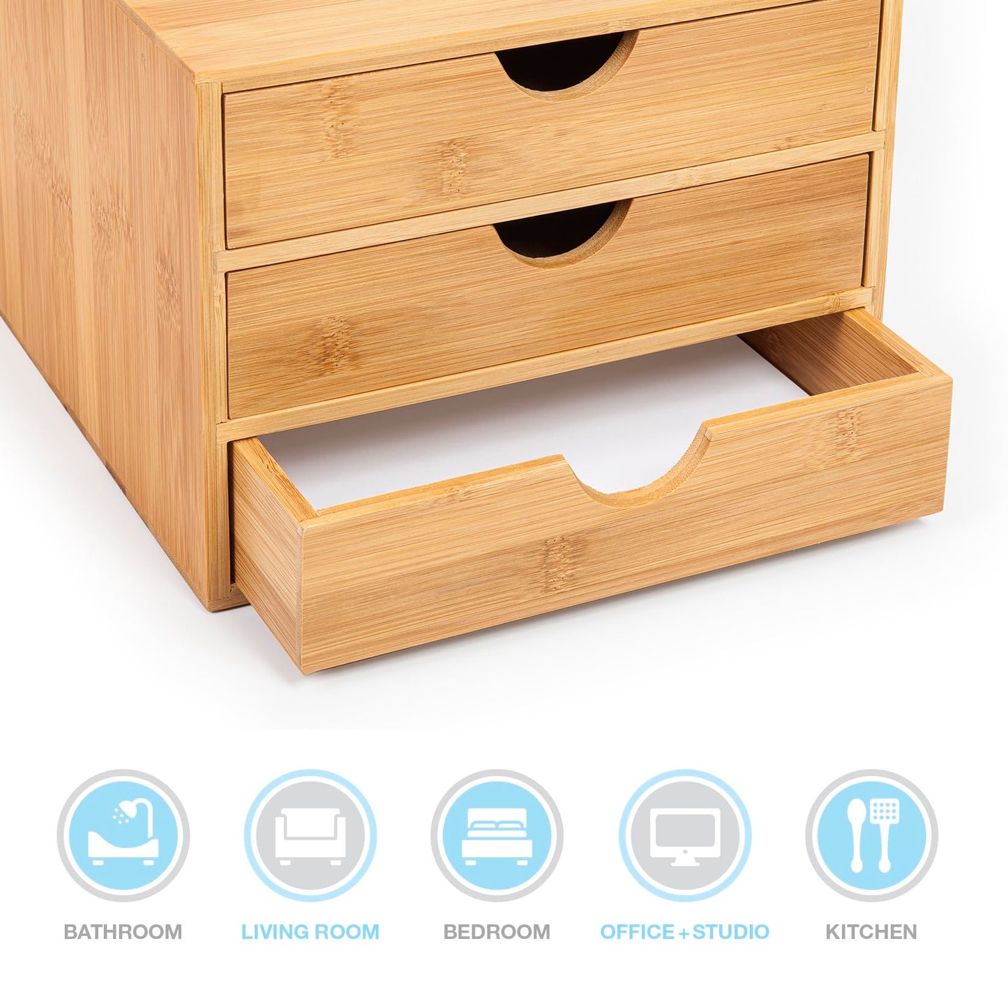 - Woodluv 3 Drawer Bamboo Home Office Desktop Tidy A4 Sturdy Stationary Storage Organiser Unit, W25 X D33 X H18.5cm