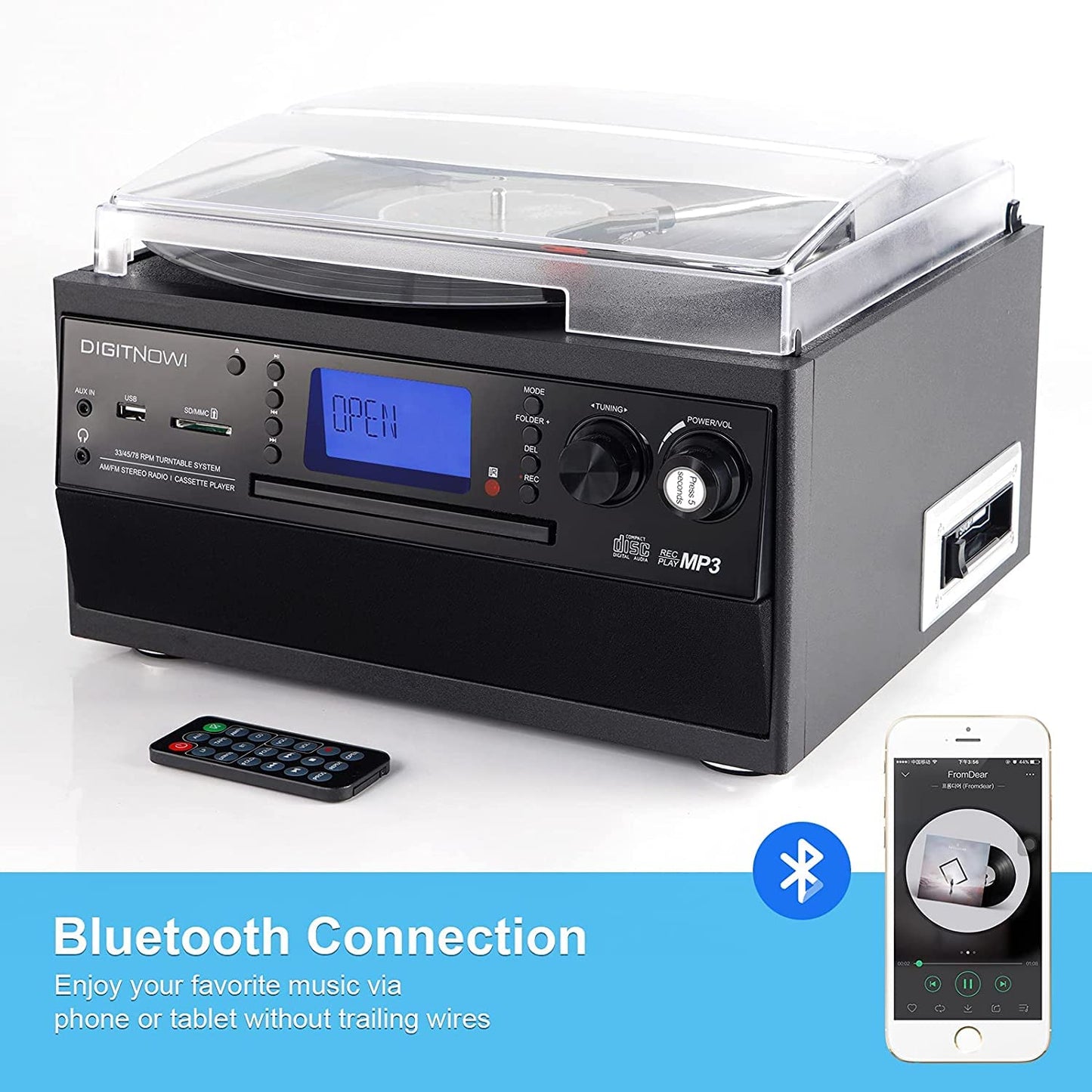 - DIGITNOW! Bluetooth Viny Record Player | Turntable for CD | Cassette | AM/FM Radio and Aux in | USB port and SD Encoding | Remote Control -