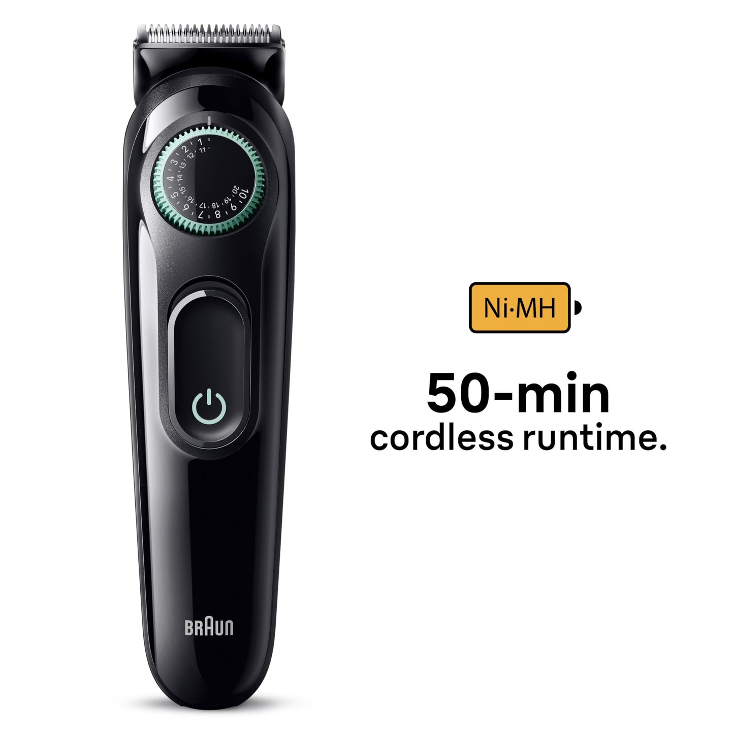 Braun Beard Trimmer Series 3 & Hair Clippers, 40 Length Settings, Rechargeable 50-min Cordless Runtime, Gifts for Men, UK 2 Pin Plug, BT3421, Black/Vibrant Green