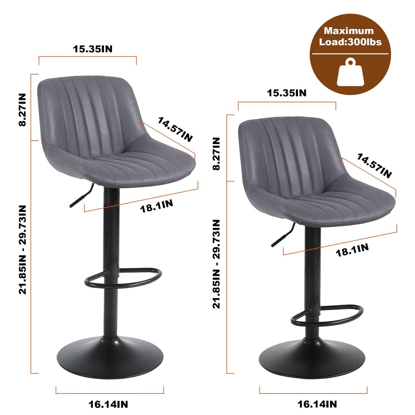 - Youhauchair Bar Stools Set of 2, Swivel Counter Height Barstools with Back, Adjustable PU Leather Bar Stool, Modern Kitchen Breakfast Bar Stools, Dark Grey