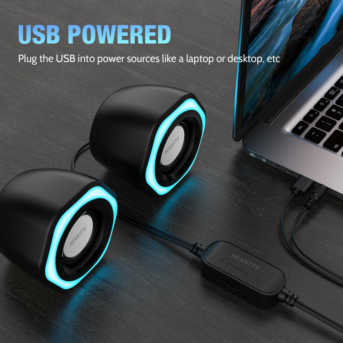 - HEANTTV Computer Speaker | PC Speakers for Desktop Monitors | 2.0 Stereo Volume Control with LED Light | USB Powered & 3.5 mm jack -