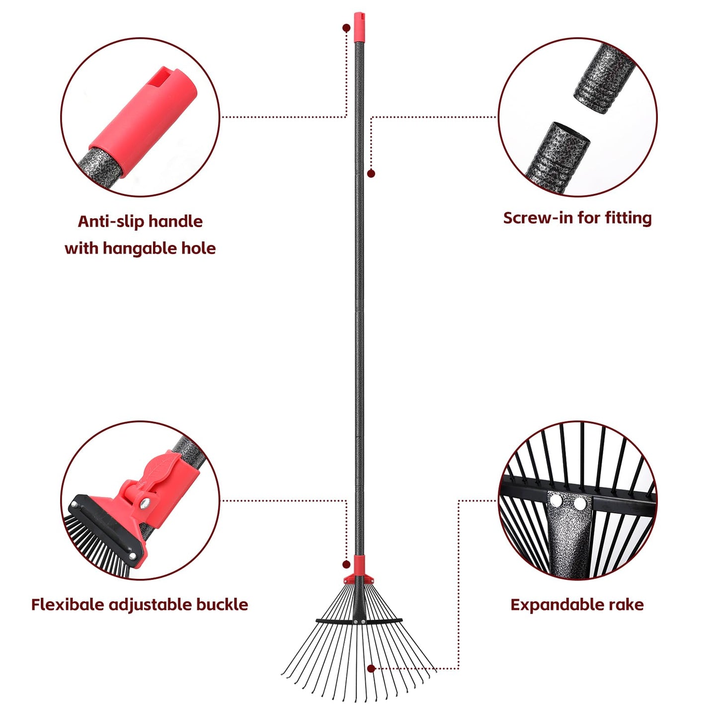 - Garden Leaf Rakes for Lawns Heavy Duty | 23-41 cm Adjustable Rake Head | 82-154 cm Adjustable Long Handle | Metal Rake Tool for Gardening Camping Clear Collect Leaves Debris | 18 Anti-Rust Metal Tines -