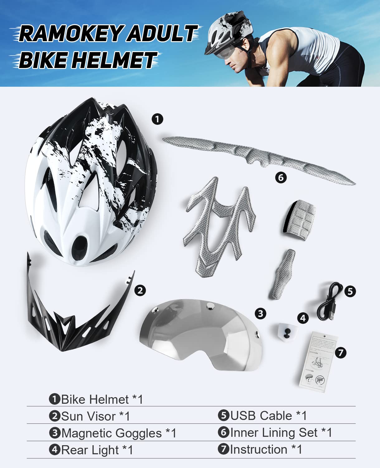 - RaMokey Bike Helmet | Lightweight Cycle Helmet | LED Light Magnetic Goggle Sun Visor -