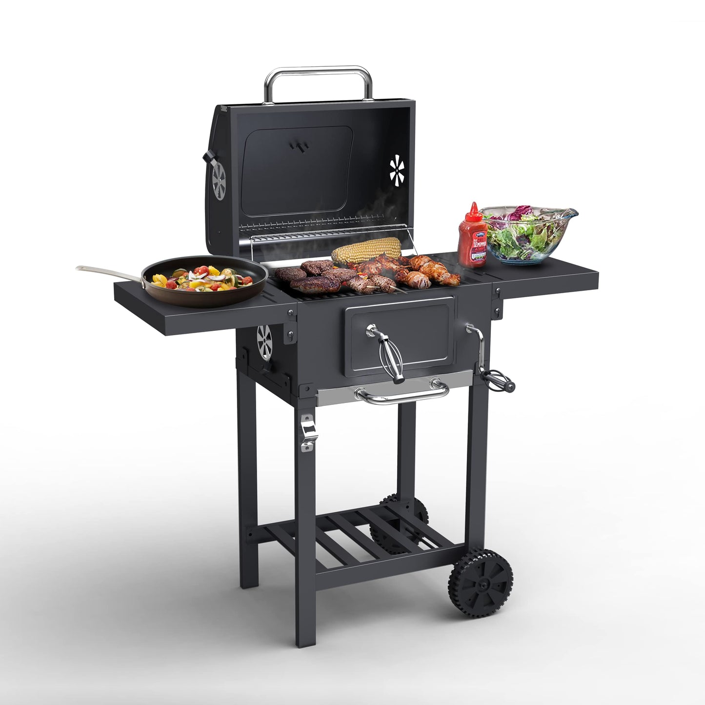 Charcoal BBQ Grill Smoker Stainless Steel with Folding Side Table Shelves, Built-In Thermometer, Wheels, Adjustable Height Outdoor Barbecue BillyOh Kentucky, Black
