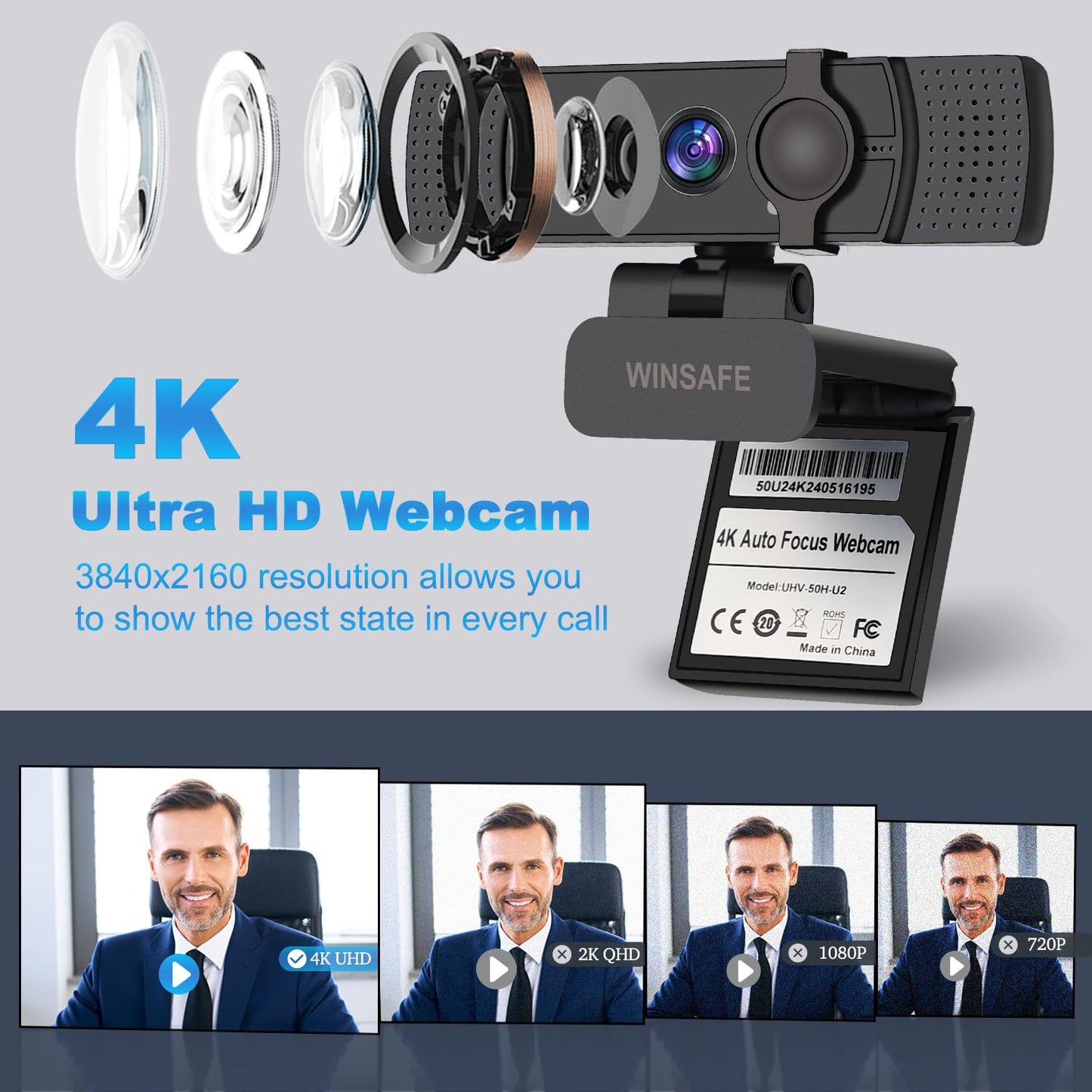- WINSAFE Webcam 4K, Ultra HD Video Calling