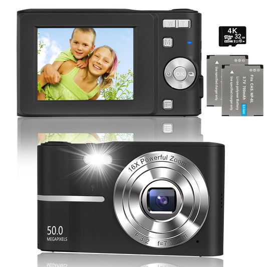 - Digital Camera | 1080P 50MP Vlogging Camera with 16X Digital Zoom | Compact Camera with 32GB SD Card and 2 Batteries -