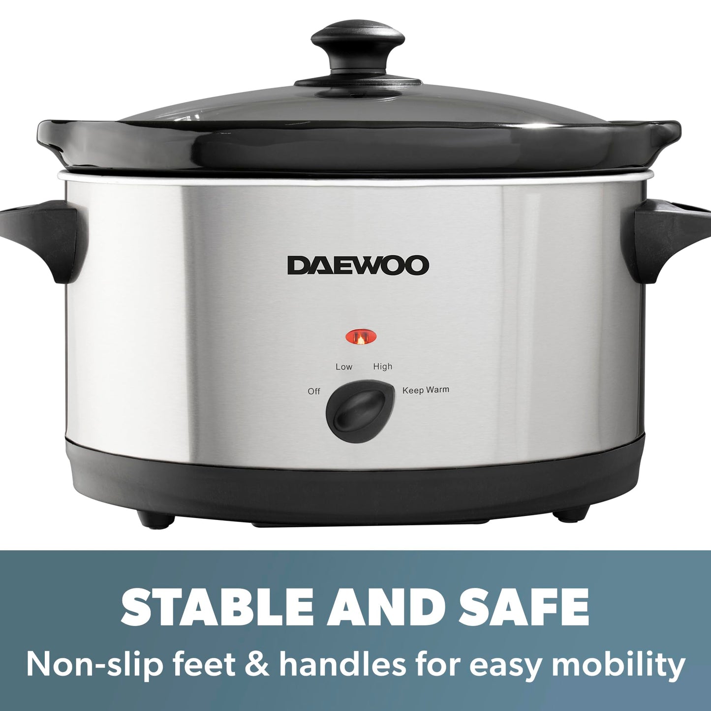 Daewoo SDA1788 6.5L Slow Cooker | Stainless Steel | 3 Heat Settings | Dishwasher Safe Pot & Lid | Power Indicator | Useful Carry Handles | Raised Feet | Manual Temperature Control | 300W, Grey