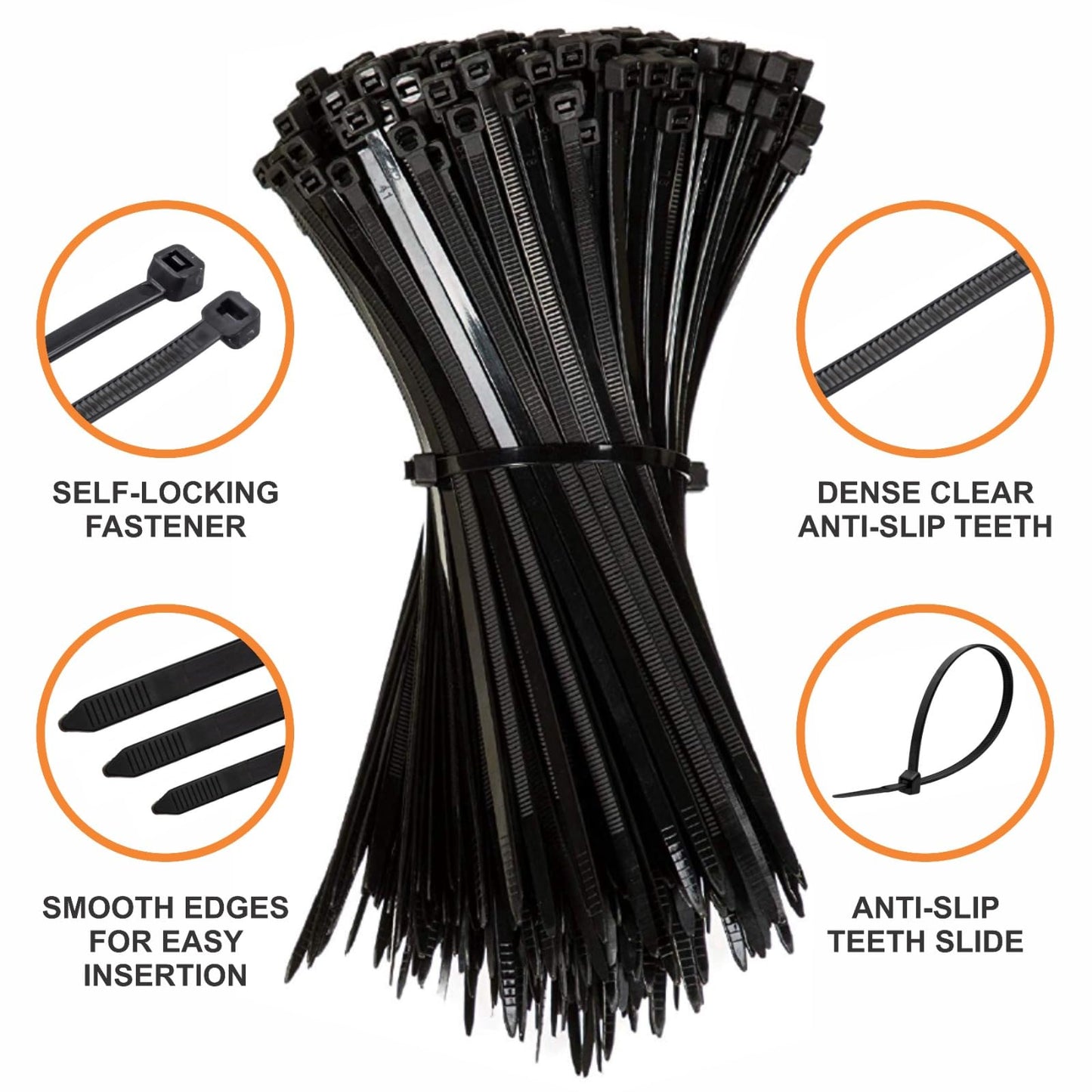200Pcs Cable Ties Assortment -Mix Black Zip Ties Set with 4 Sizes (100/150/200/250mm) x 3.6mm Heavy Duty Nylon Cable Ties for Wire Management, Black Cable Ties Heavy Duty Zip Ties