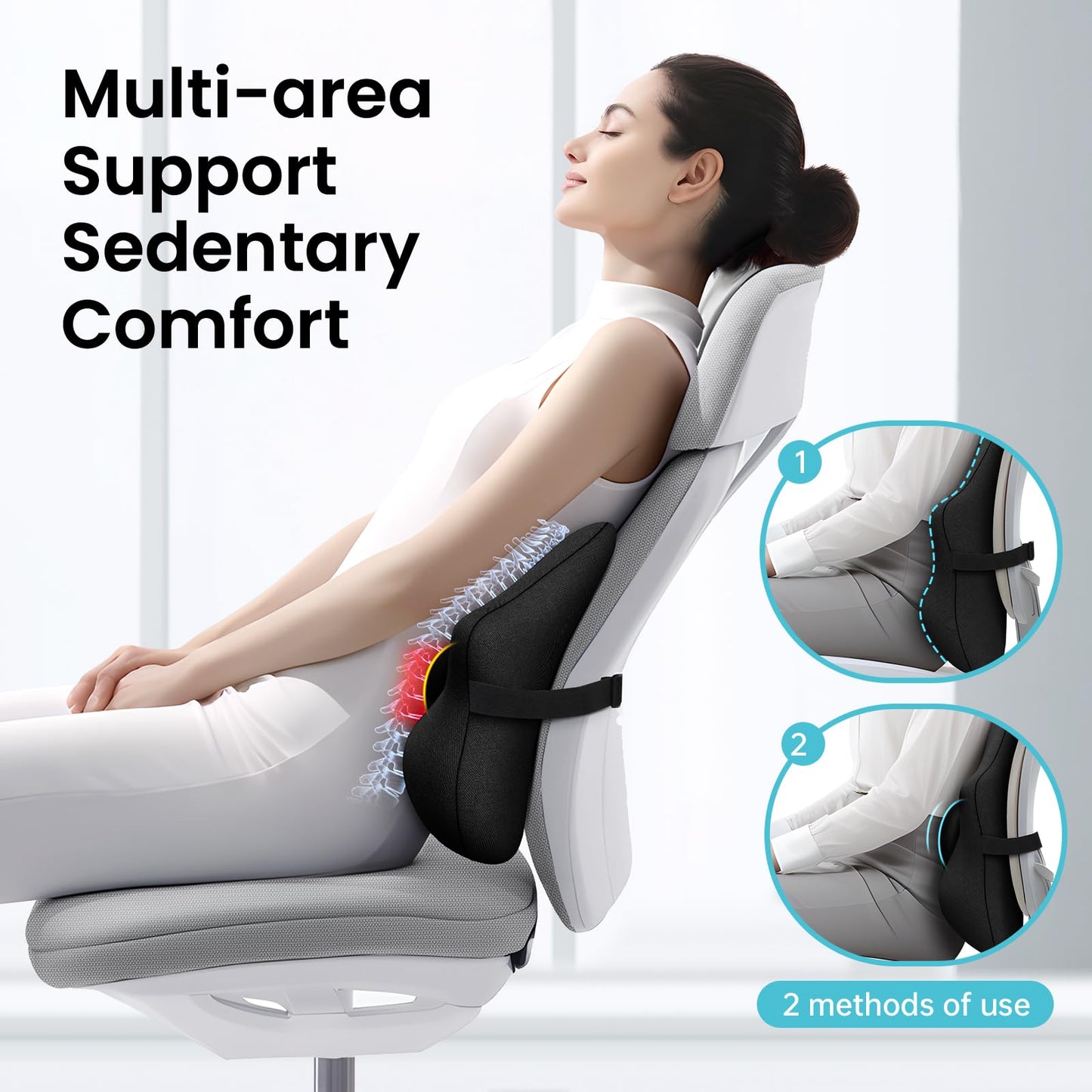 A-Pce Adjustable Lumbar Support Pillow,Improve Lower Back Pain Relief & Sitting Posture, Ergonomic Memory Foam Back Support Cushion for Long Sitting for Office Chair/Car/Plane-Black