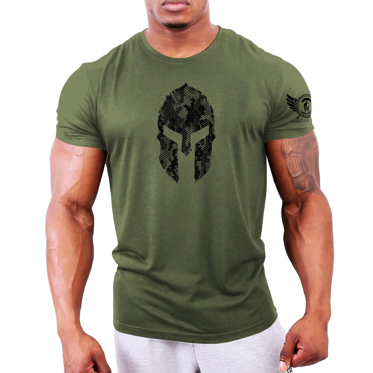 - GYMTIER Spartan Helmet Hex Camo | Men's Gym T-Shirt -