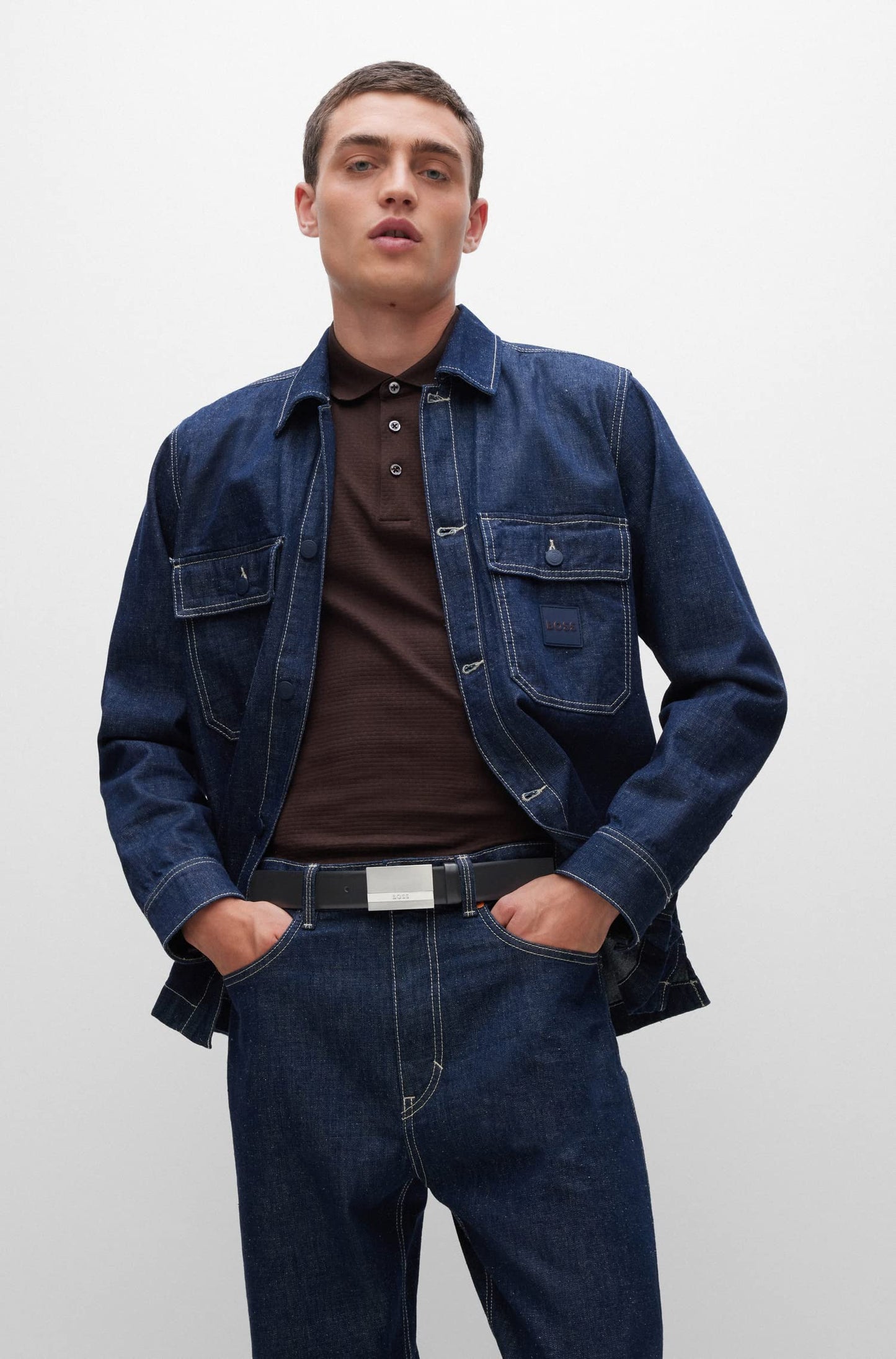 BOSS Mens Baxton Sz35 Italian-leather belt with logo-plaque buckle