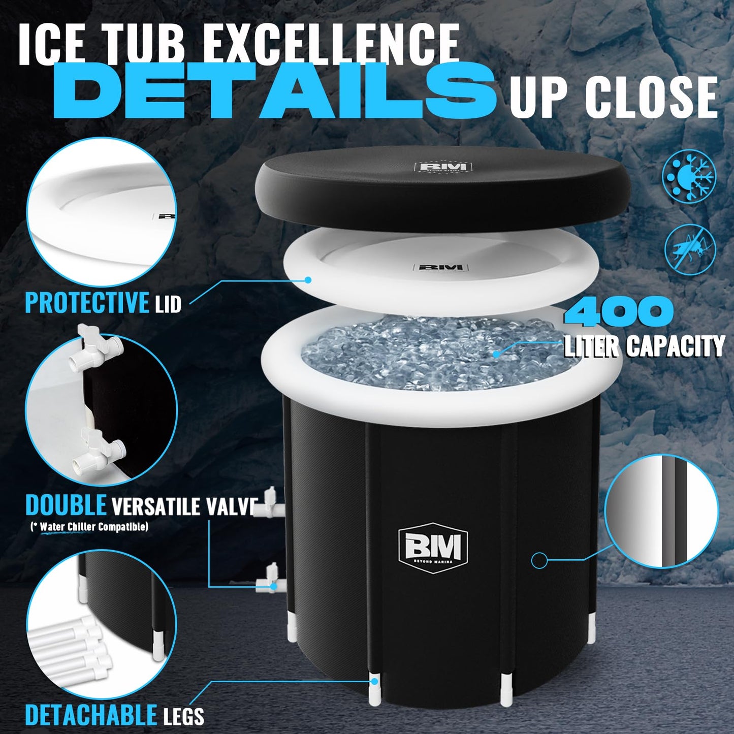 BEYOND MARINA Ice Bath Tub Cold Plunge - 2 Valves, XL Ice Plunge Tub for Athletes Outdoor, 31.5"H Inflatable Recovery Bathtub for Adults, Multiple Layered, 106 Gallons Capacity