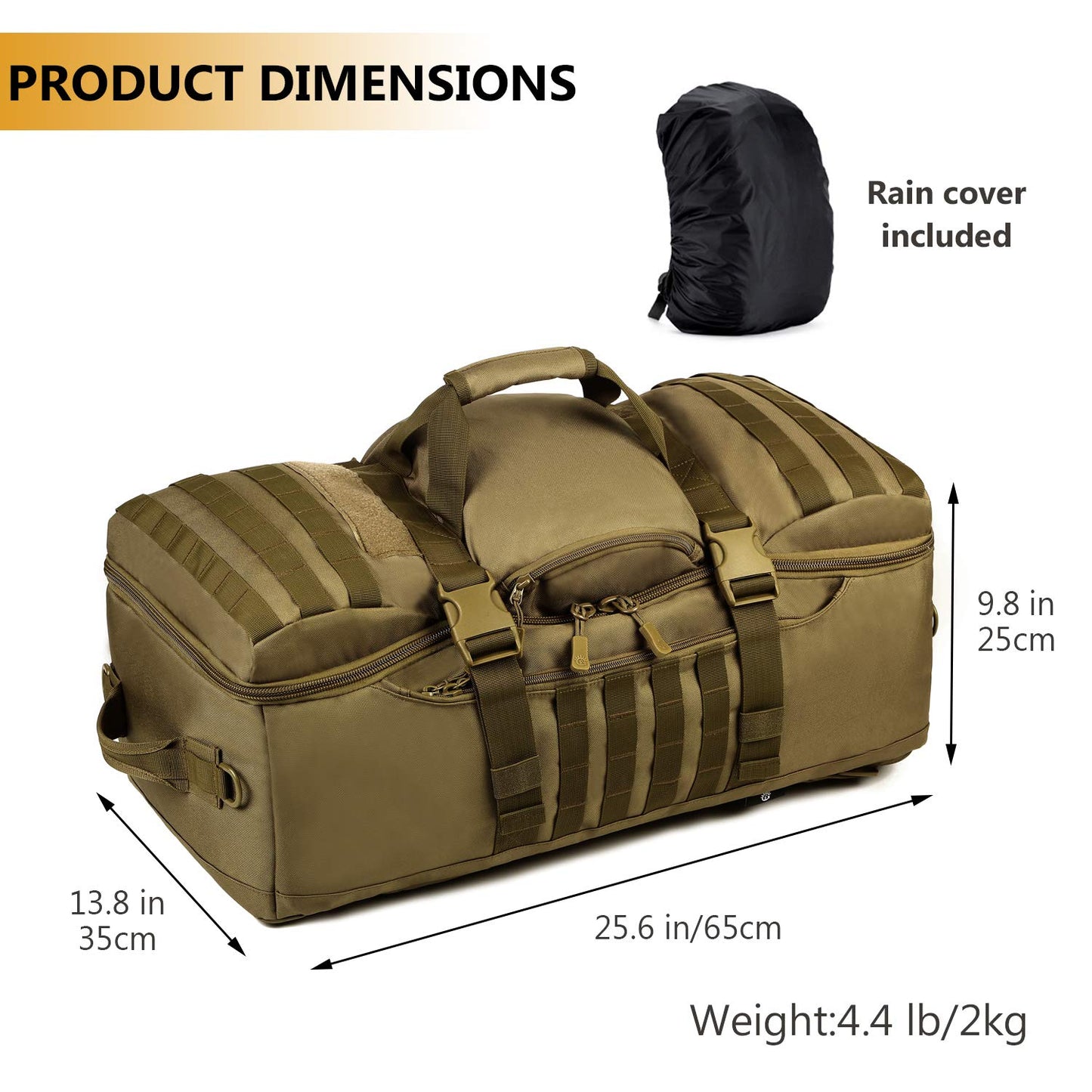 - Protector Plus Tactical Travel Backpack | 60L | Military MOLLE Duffel Bag | Brown -