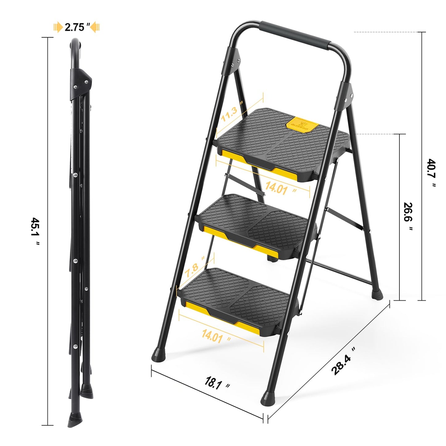 - KINGRACK 3 Step Ladder | 3 Step Folding With Anti-Slip Wide Pedal and Handrails -