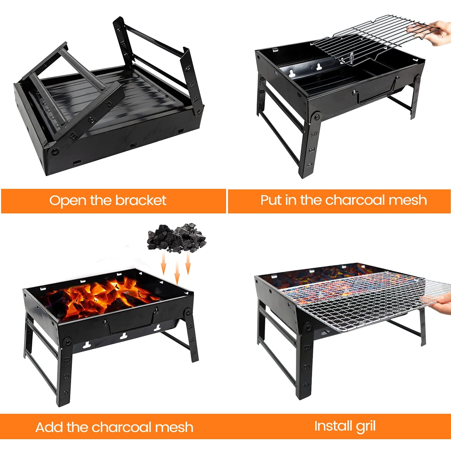 BBQ Barbecue Grill, Portable Foldable Charcoal Grill for Outdoor, Stainless Steel BBQ Tabletop Smoker for Picnic, Garden, Terrace, Camping, Travel, Hiking