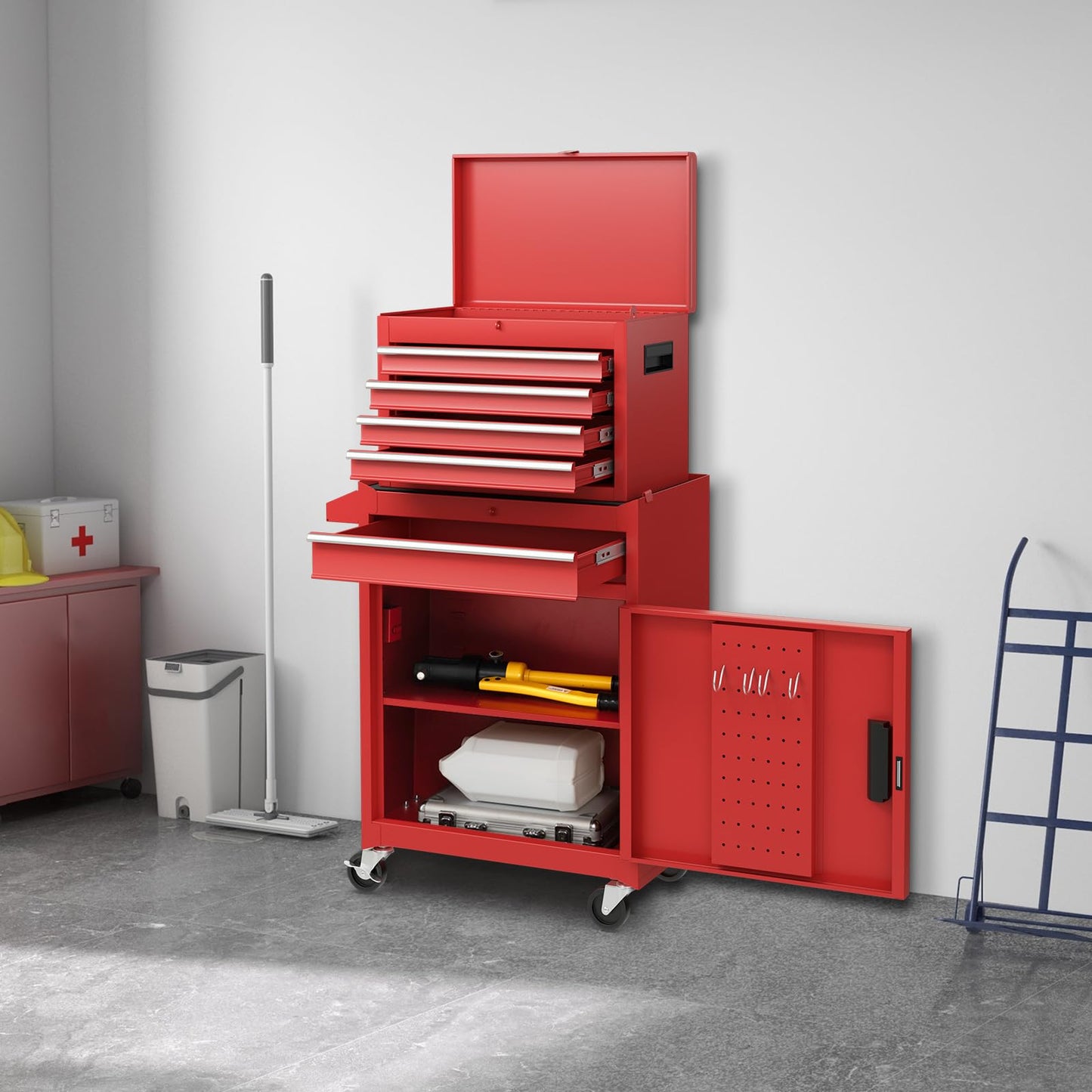 COSTWAY Large Rolling Tool Cabinet, 2-in-1 Detachable Metal Tool Chest with Drawers, Wheel, Handle, Hooks & Pegboard, Lockable Tool Box Trolley for Garage Workshop (with Adjustable Shelf, Red)