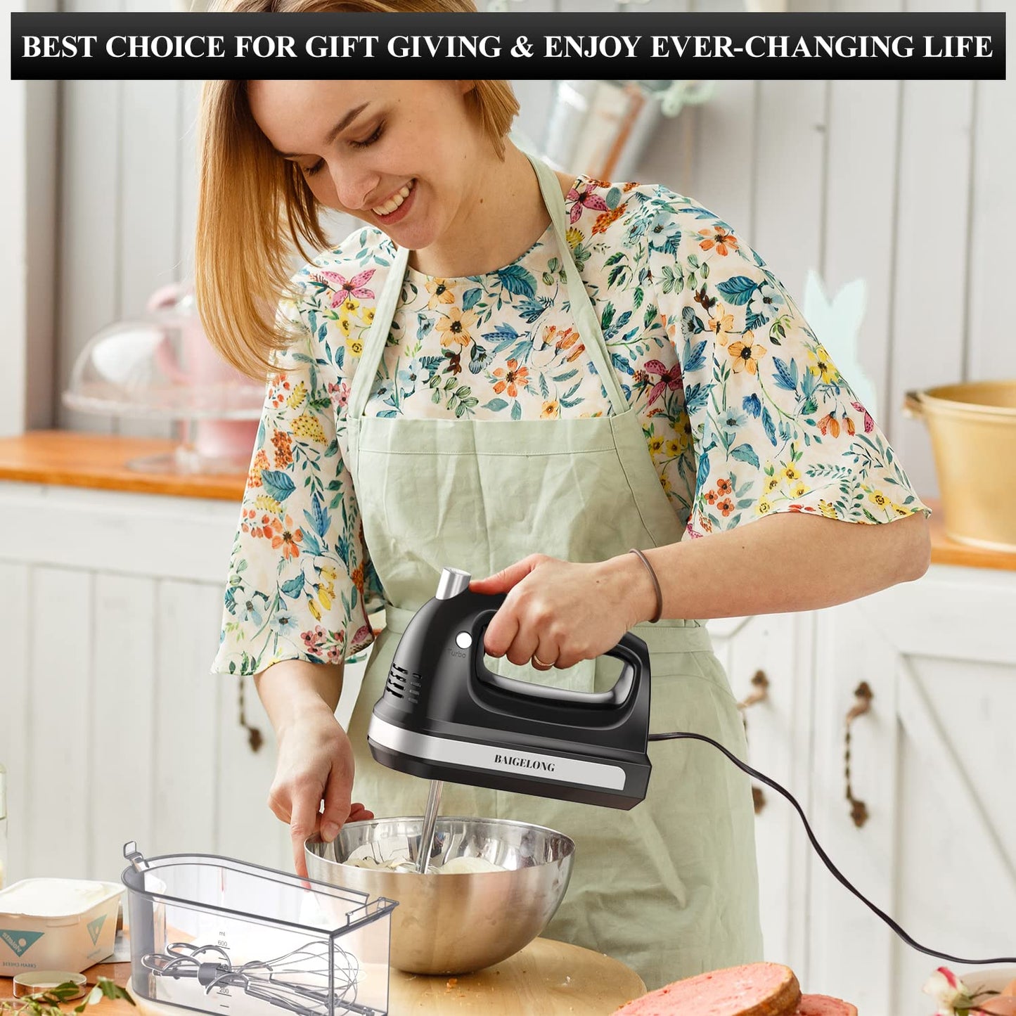 BAIGELONG Hand Electric Mixer, 300W Ultra Power Food Kitchen Mixer with 5 Self-Control Speeds + Turbo Boost, 5 Stainless Steel Attachments Handheld Mixer for Baking, BLACK