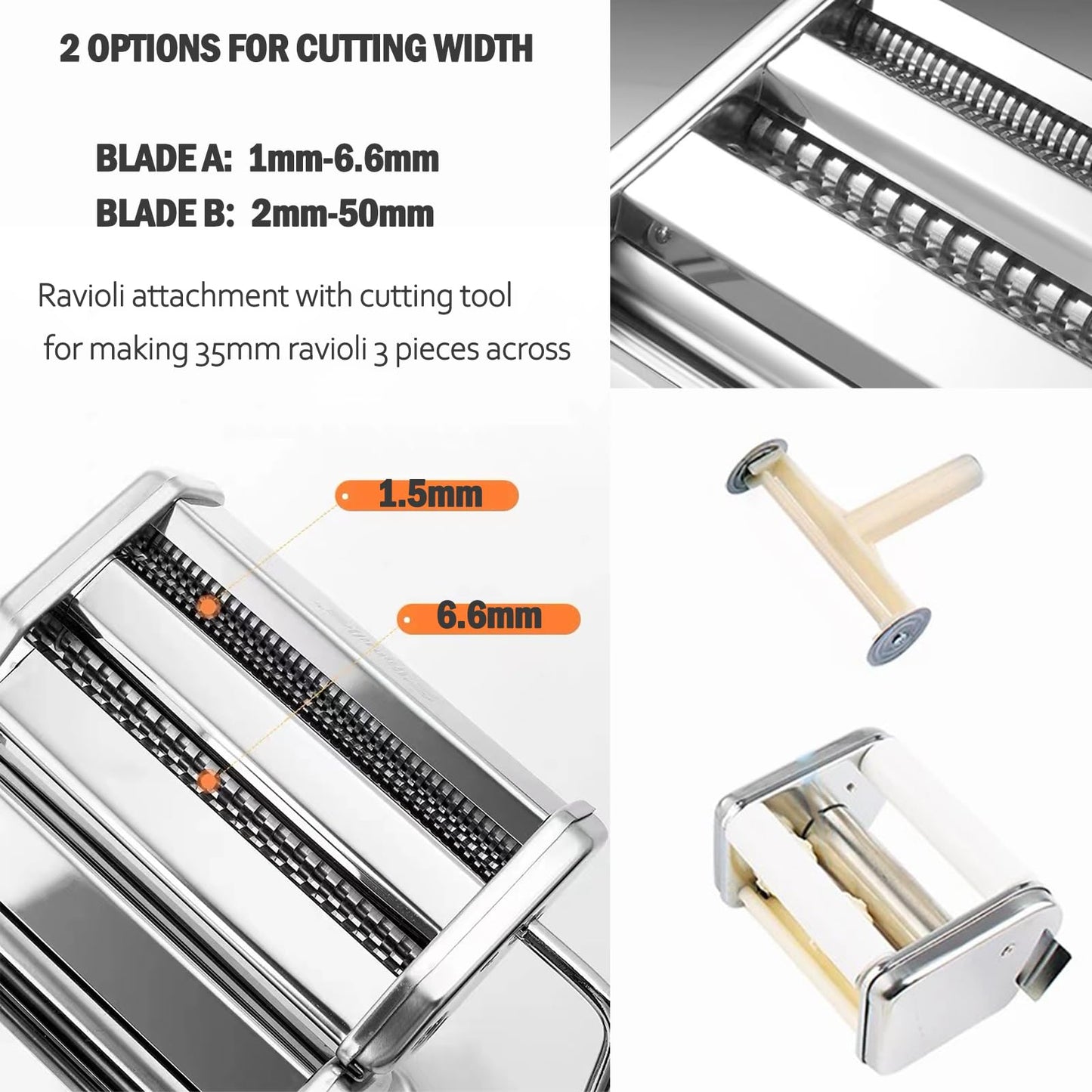 5 in 1 Stainless Steel Fresh Pasta Maker Machine Lasagne Spaghetti Tagliatelle Ravioli Professional Fresh Pasta Maker Noodle Maker Machine Cutter with 3 Cut Press Blade Settings with Drying Rack