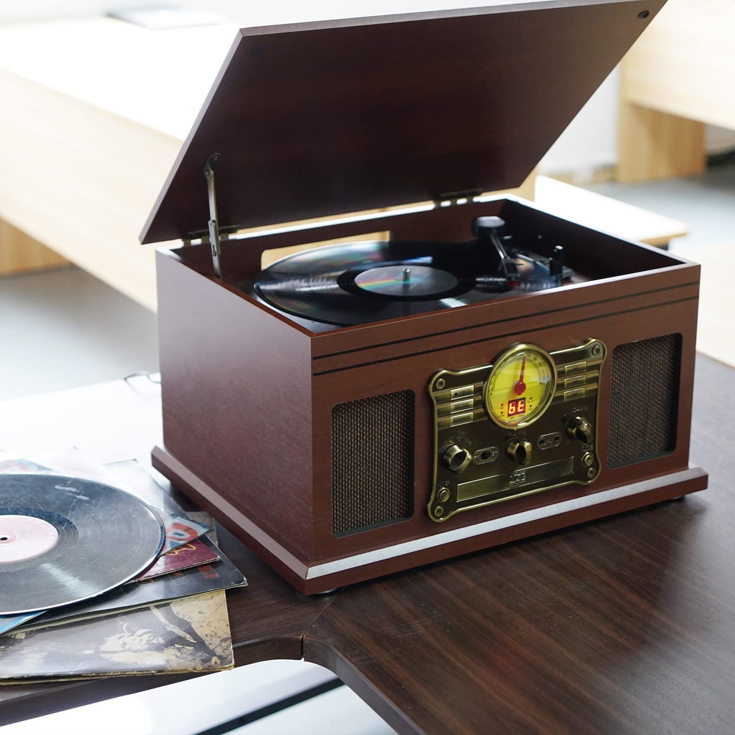 - 10-in-1 Bluetooth Record Player Multifunctional 3-Speed Turntable for Vinyl Record with Stereo Speaker,LP Vinyl to MP3 Converter with CD, Cassette Player,FM Radio,Wireless Music Streaming | Mahogany