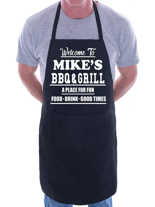 - Print4U Apron | Personalised Welcome To Mike's BBQ & Grill | Black -