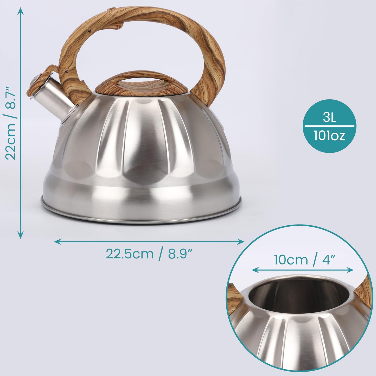 Belle Vous Silver Whistling Tea Kettle - 3L Tea Pot for Stovetop/Induction Stove Top - Stainless Steel Hot Water Camping Kettle Teapot for Tea/Coffee