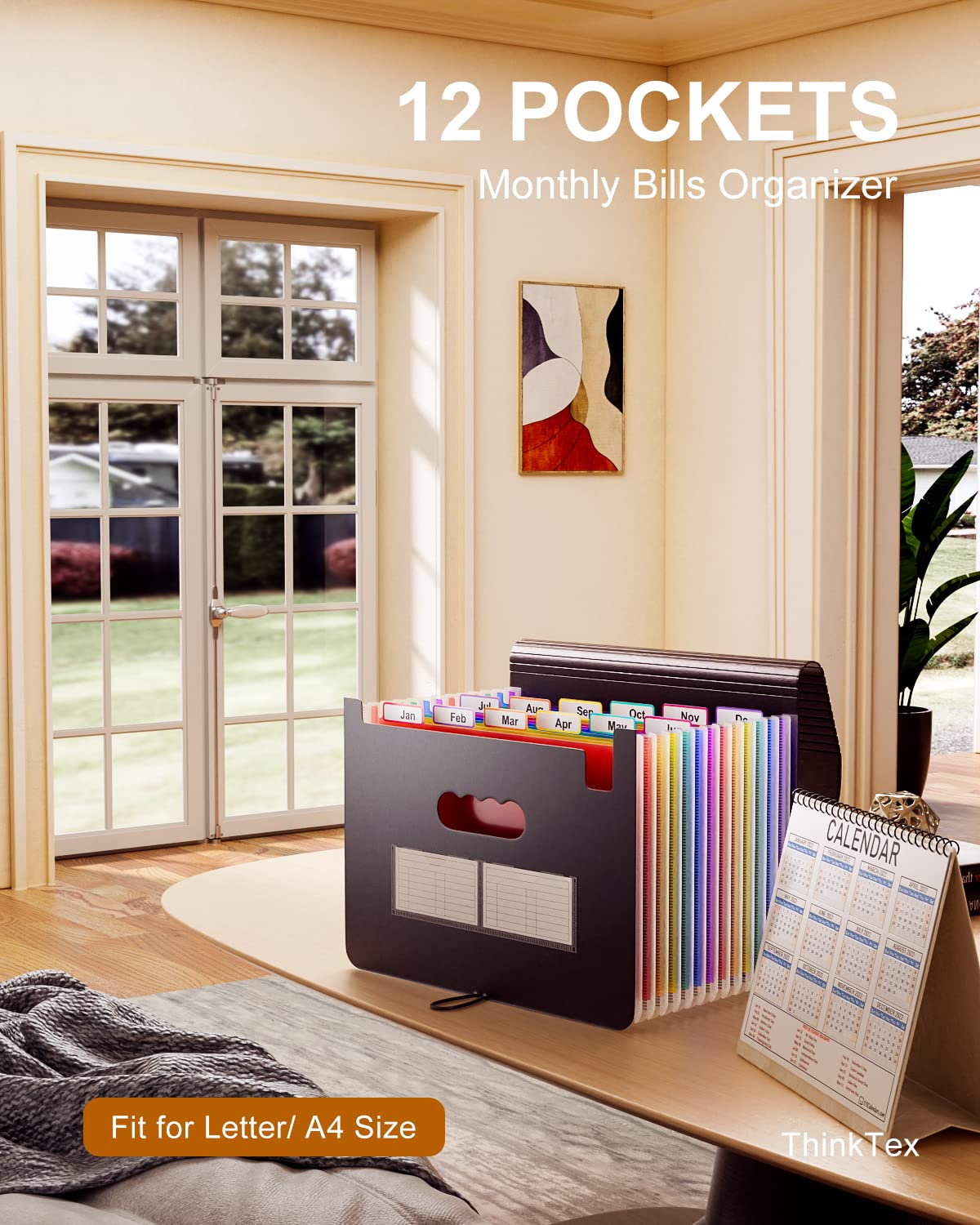 - ThinkTex Accordian File Organiser | 12 Pockets Expanding File Folders | Portable Monthly Bill Receipt Organiser | Colorful Tabs | Letter/A4 Size -