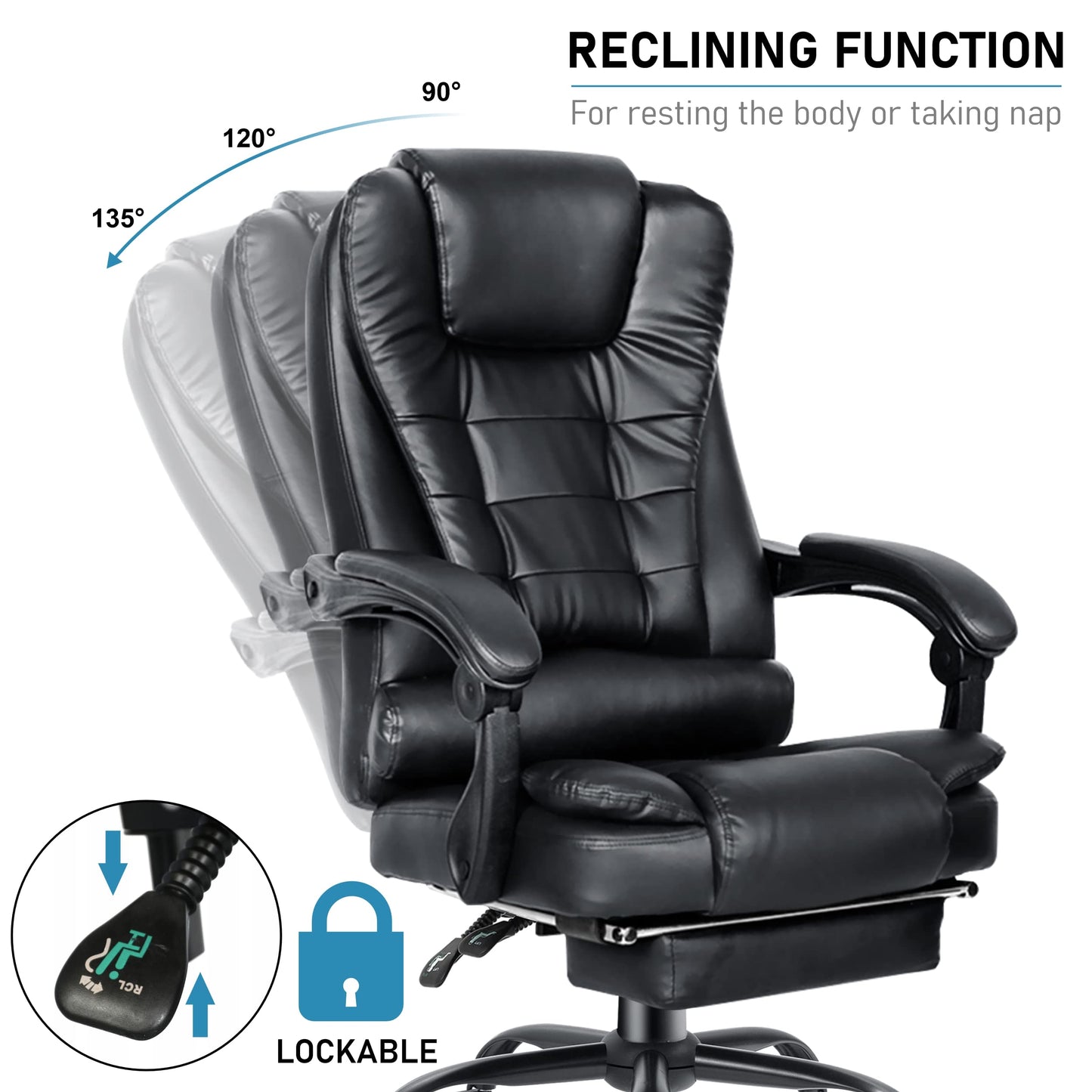 Blisswood Executive Office Chair For Home, 2 Point Massage Office Chair With Footrest & Lumbar Support, Recliner Computer Desk Chair, Ergonomic Swivel Gaming Chair Black For Home Office